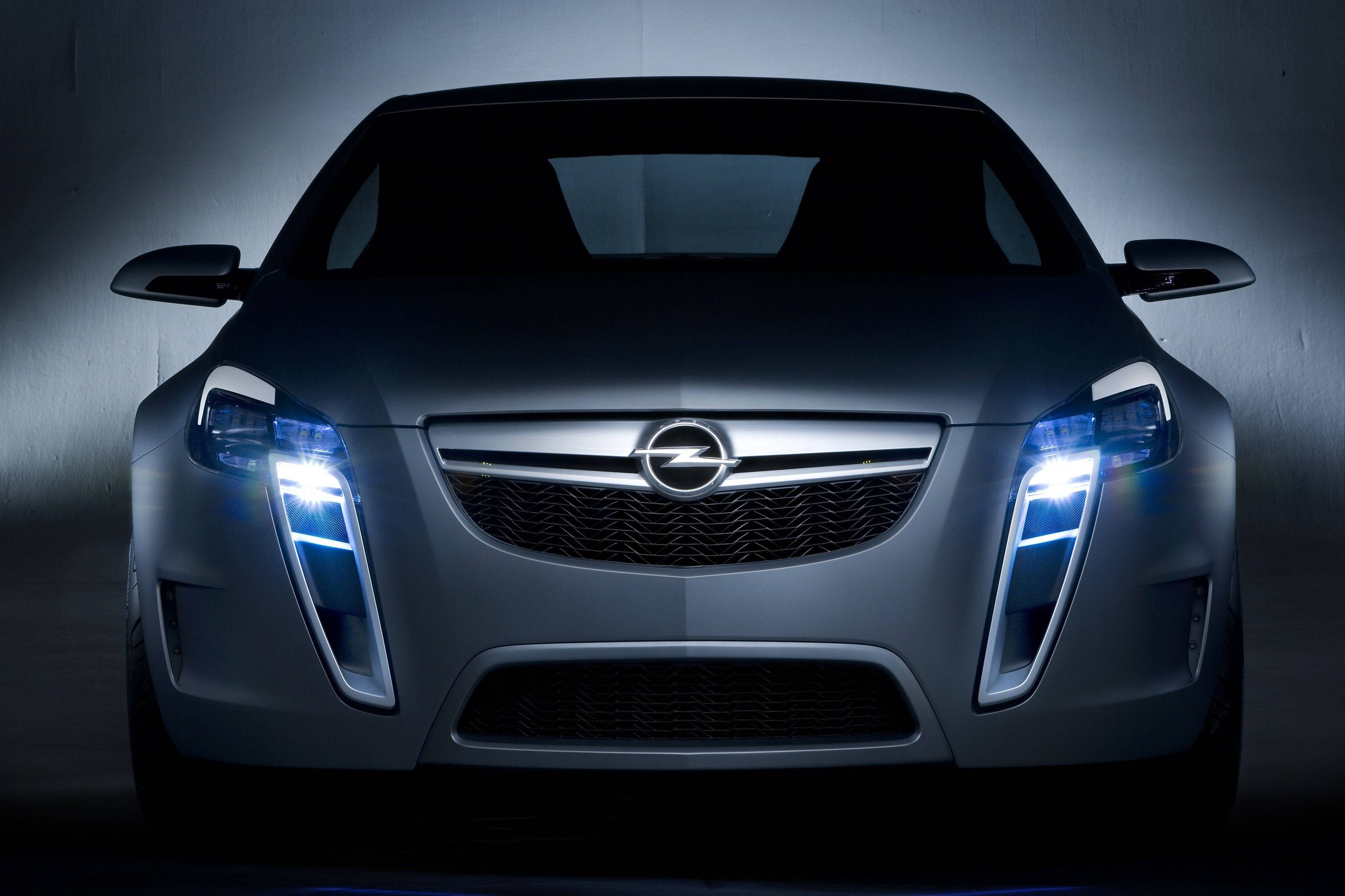 Opel, silver, glowing blue headlights, 2K Desktop Wallpaper