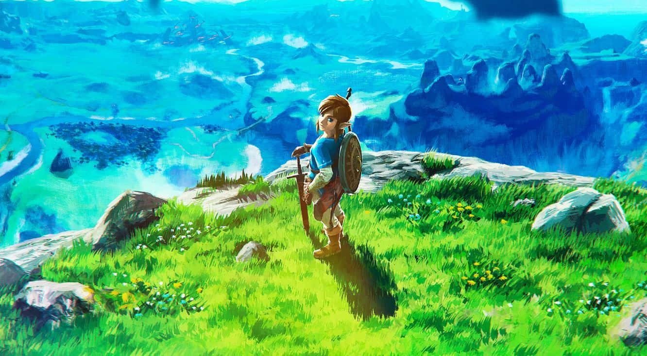 open-world game, sunlit grassy cliff, vast blue valley, HD Desktop Wallpaper