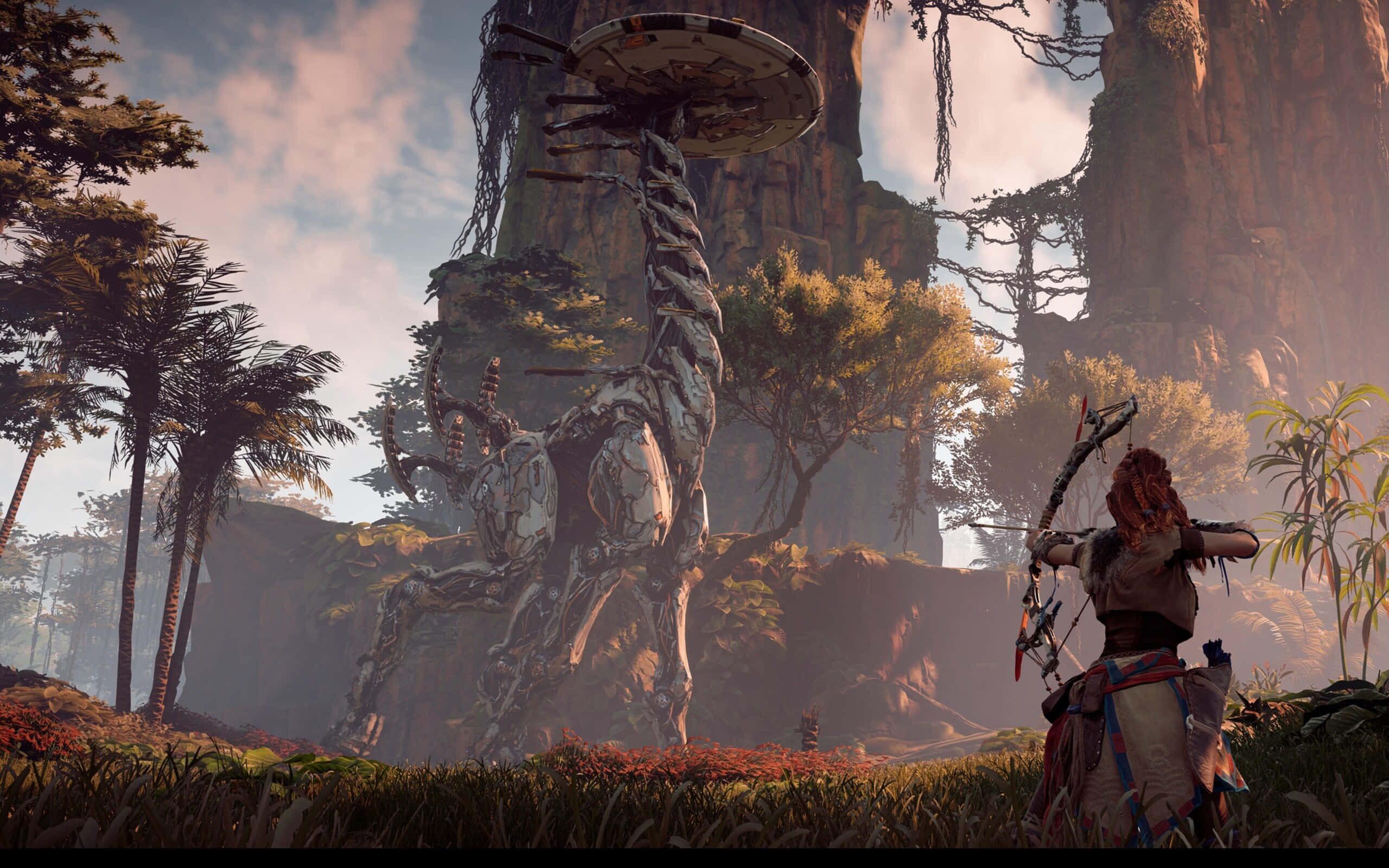 warrior, bow, colossal mechanical giraffe statue, 2K Desktop Wallpaper
