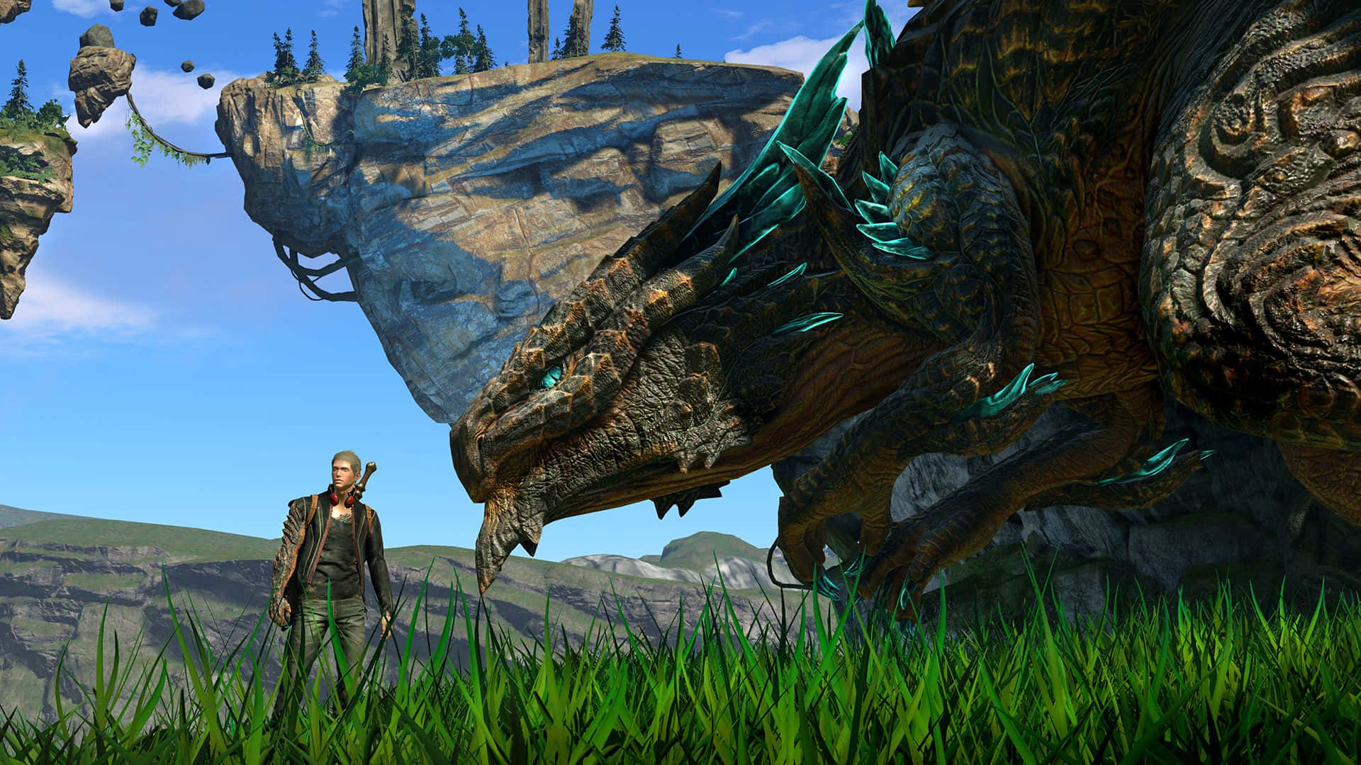 Open World, lone warrior, massive dragon, Full HD Desktop Wallpaper