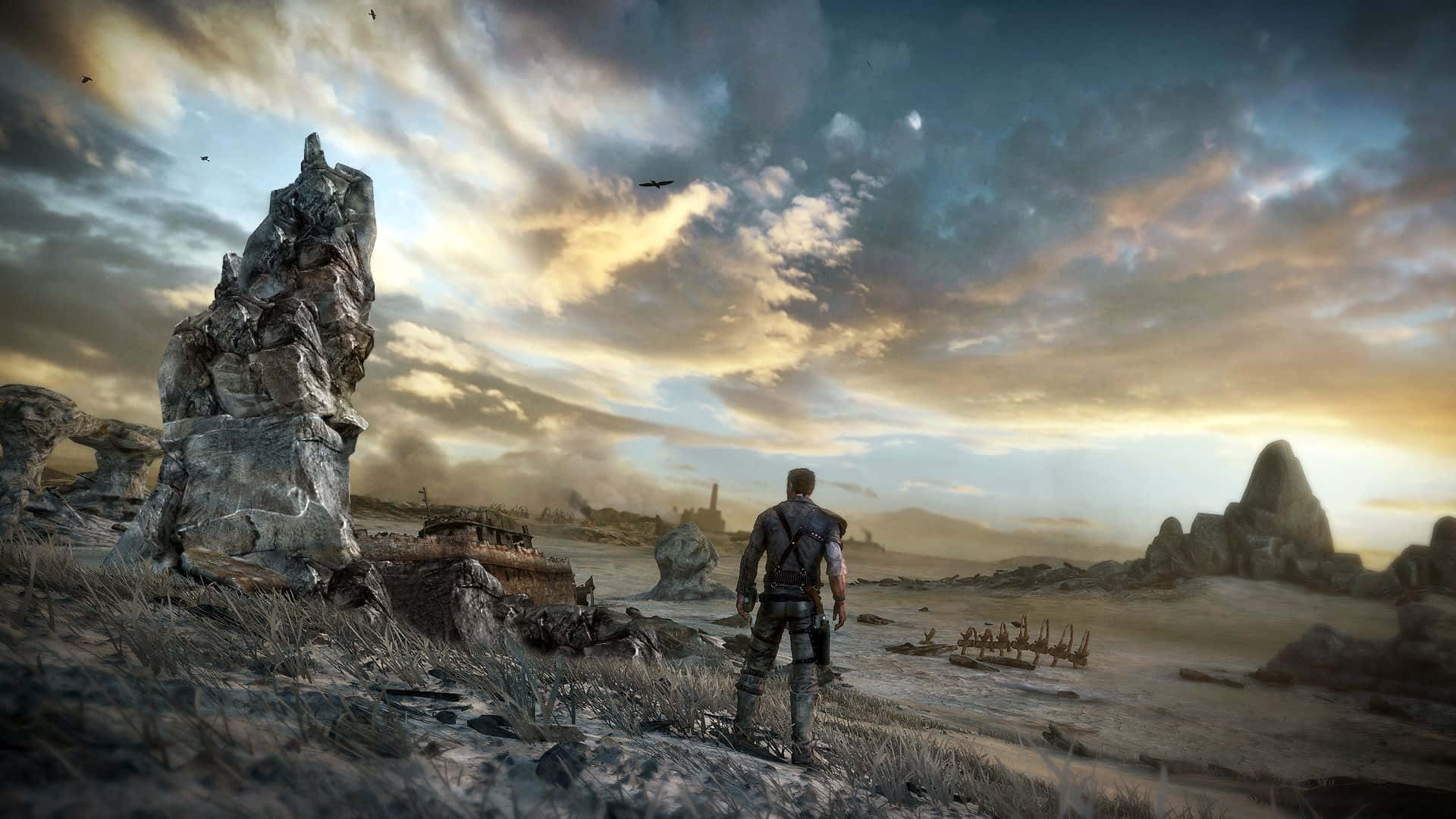 open world game, desolate rocky wasteland, dramatic sunset sky, Full HD Desktop Wallpaper