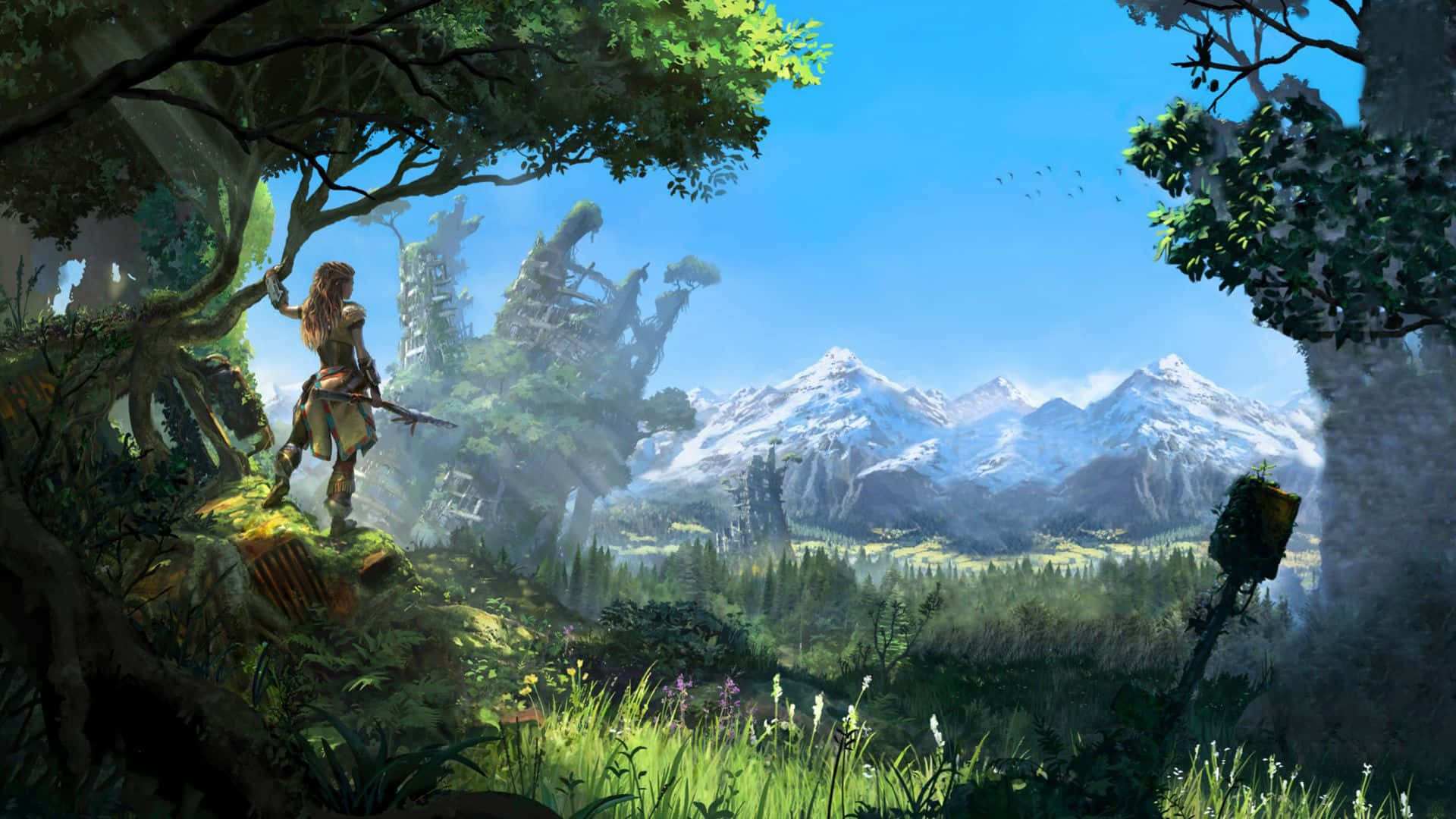 open-world game, mossy cliff, vast valley, Full HD Desktop Wallpaper