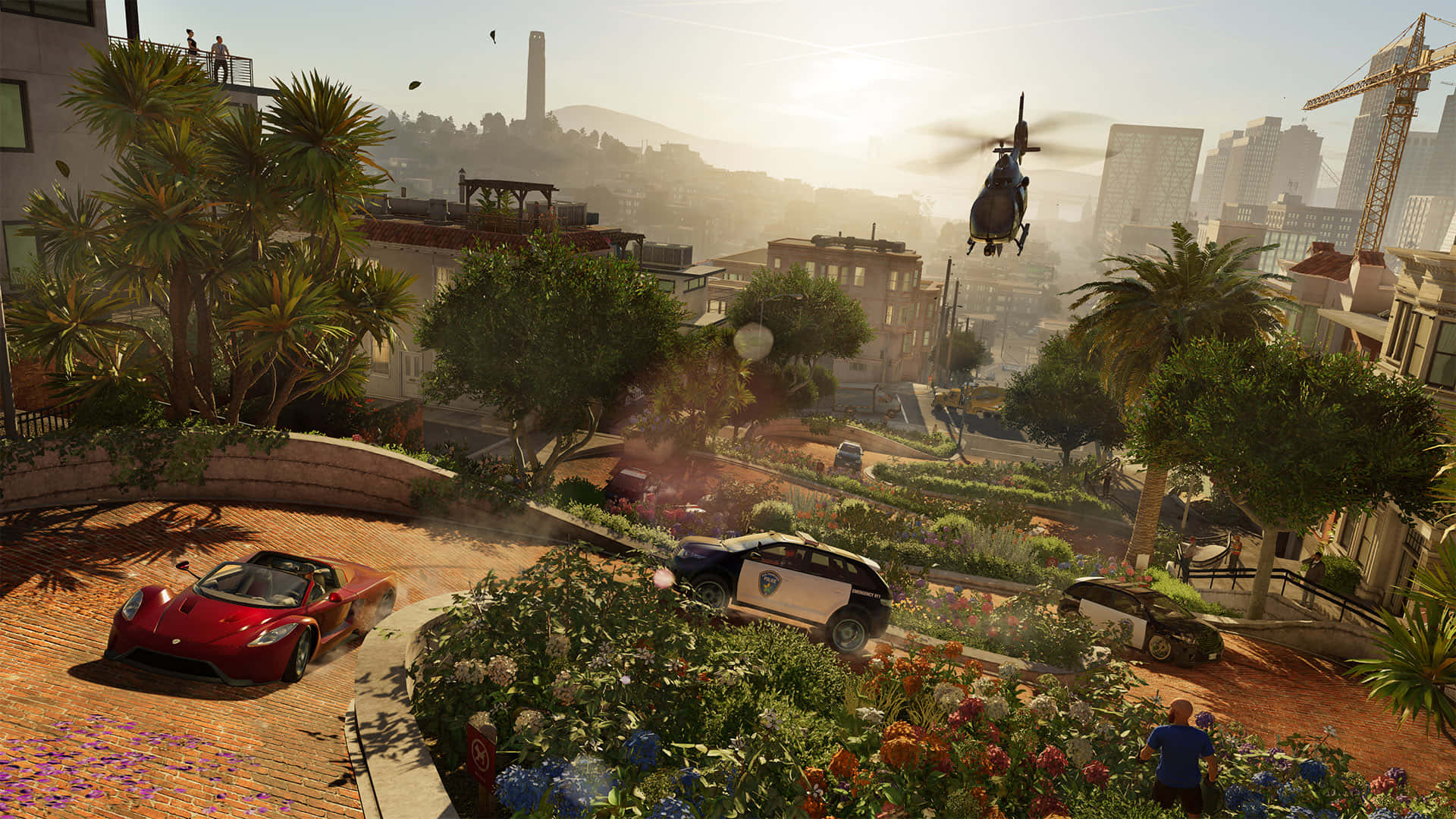 open-world game, red sports car, sunlit hillside street, Full HD Desktop Wallpaper