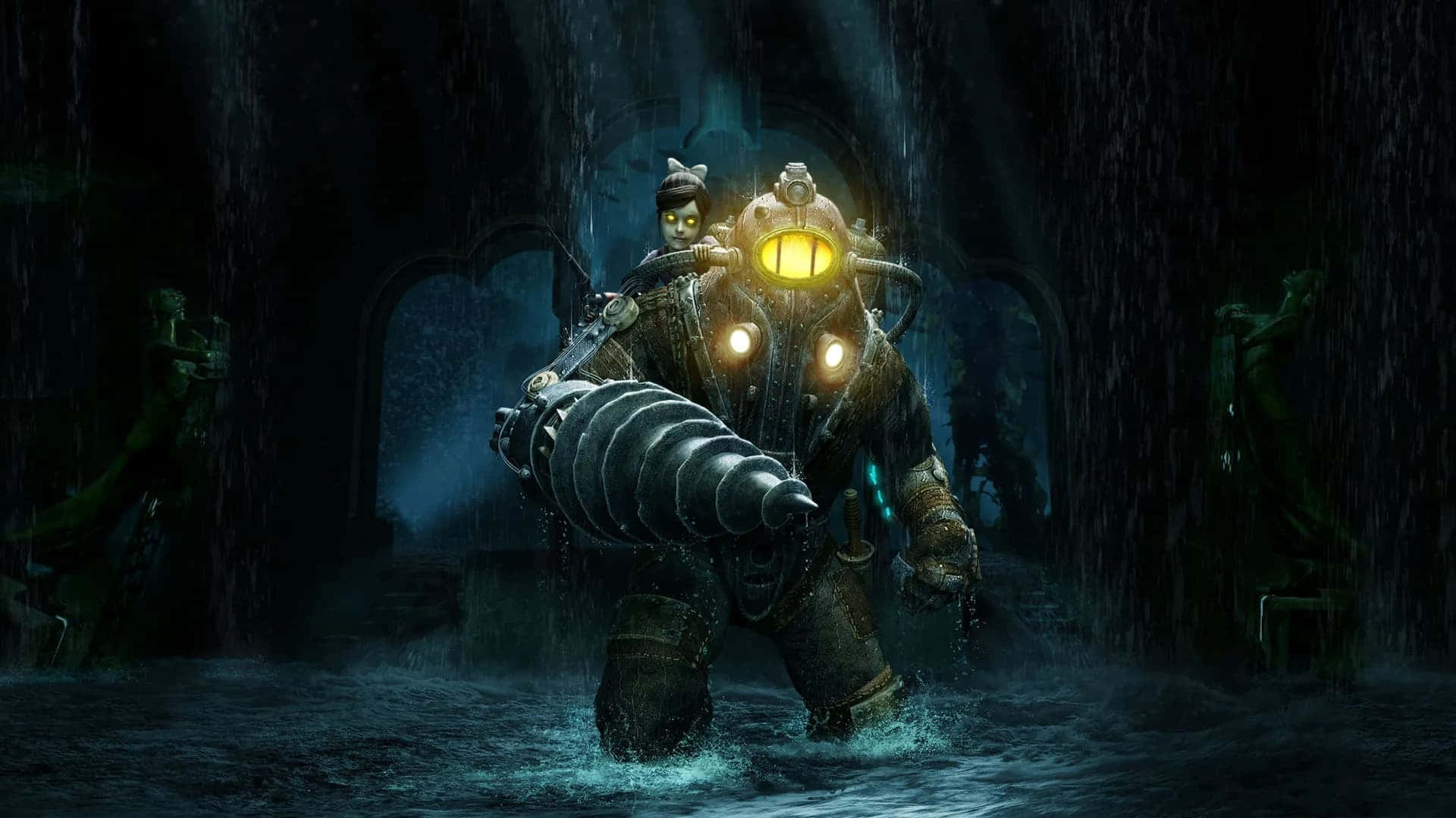 open-world game, glowing yellow-eyed armored diver, dark water, Full HD Desktop Wallpaper