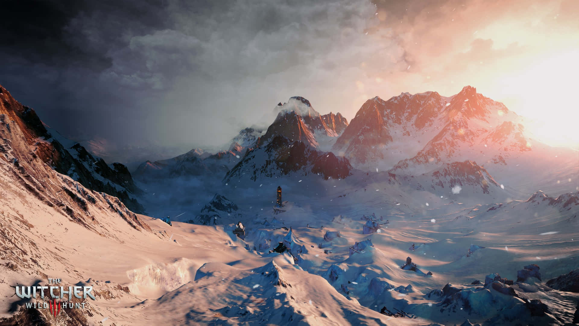 open-world game, snowy mountain ridge, golden sunset, Full HD Desktop Wallpaper