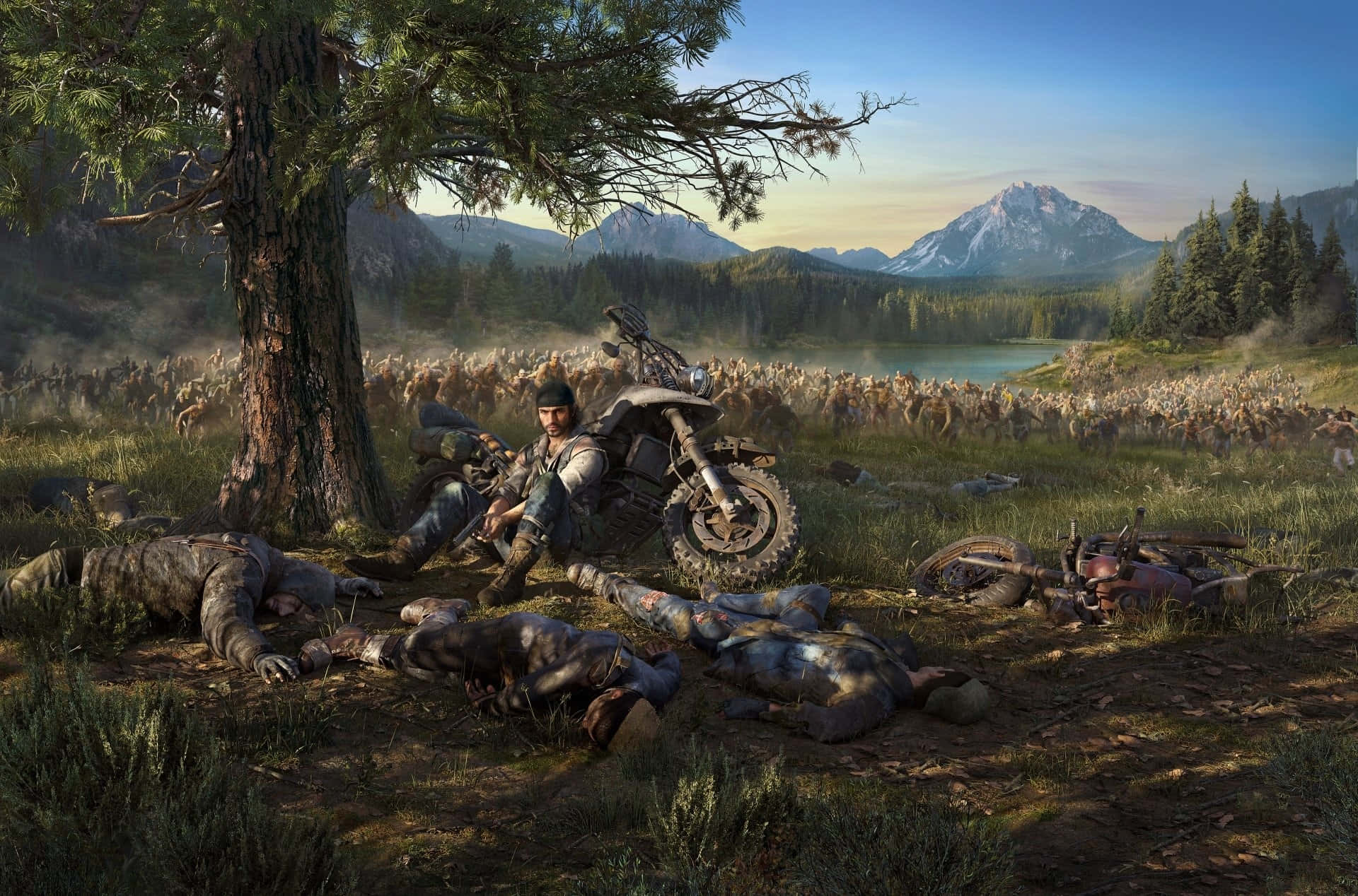motorcycle, misty forest clearing, mountains, Full HD Desktop Wallpaper