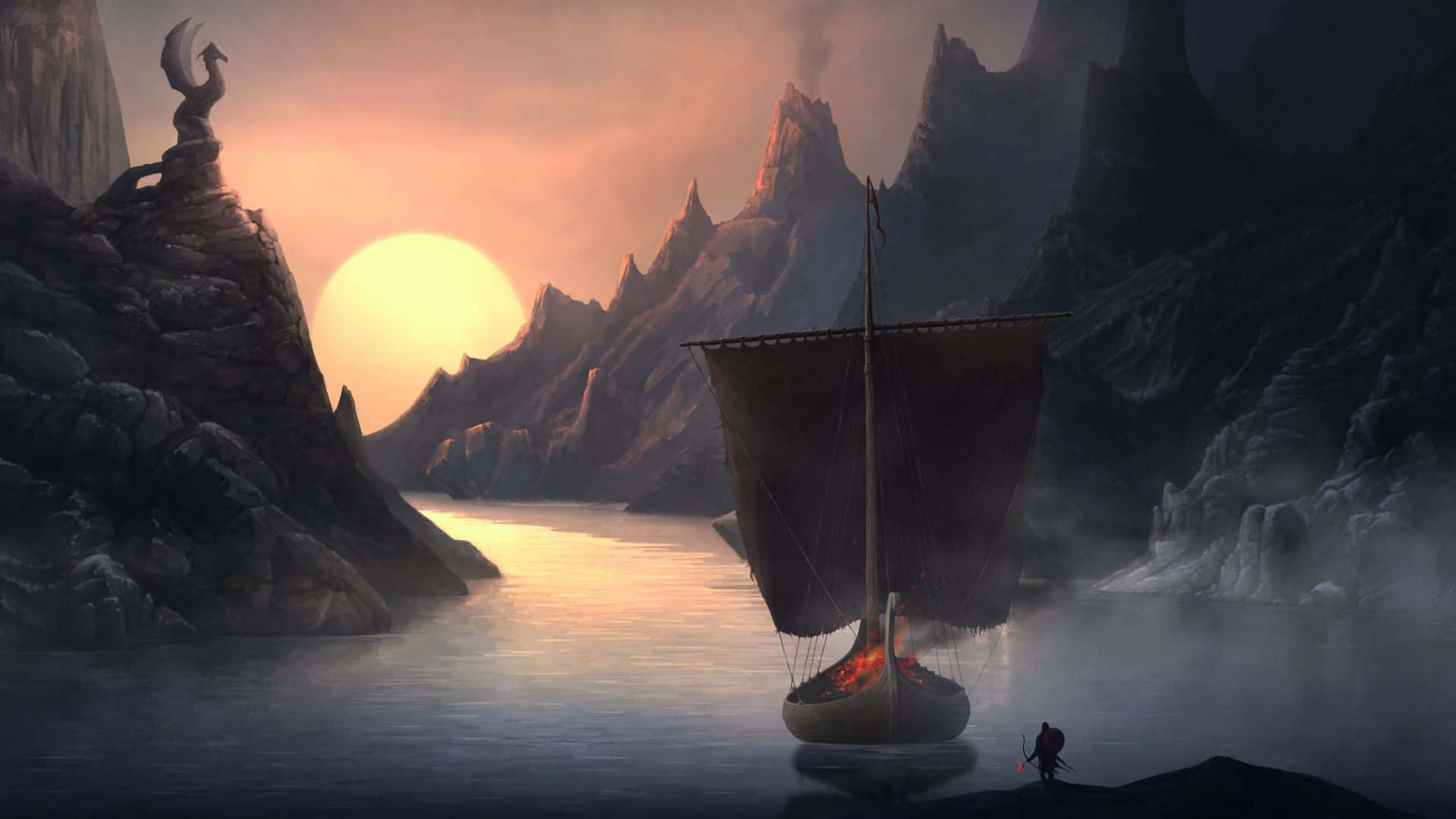sailboat, misty fjord, sunset, Full HD Desktop Wallpaper