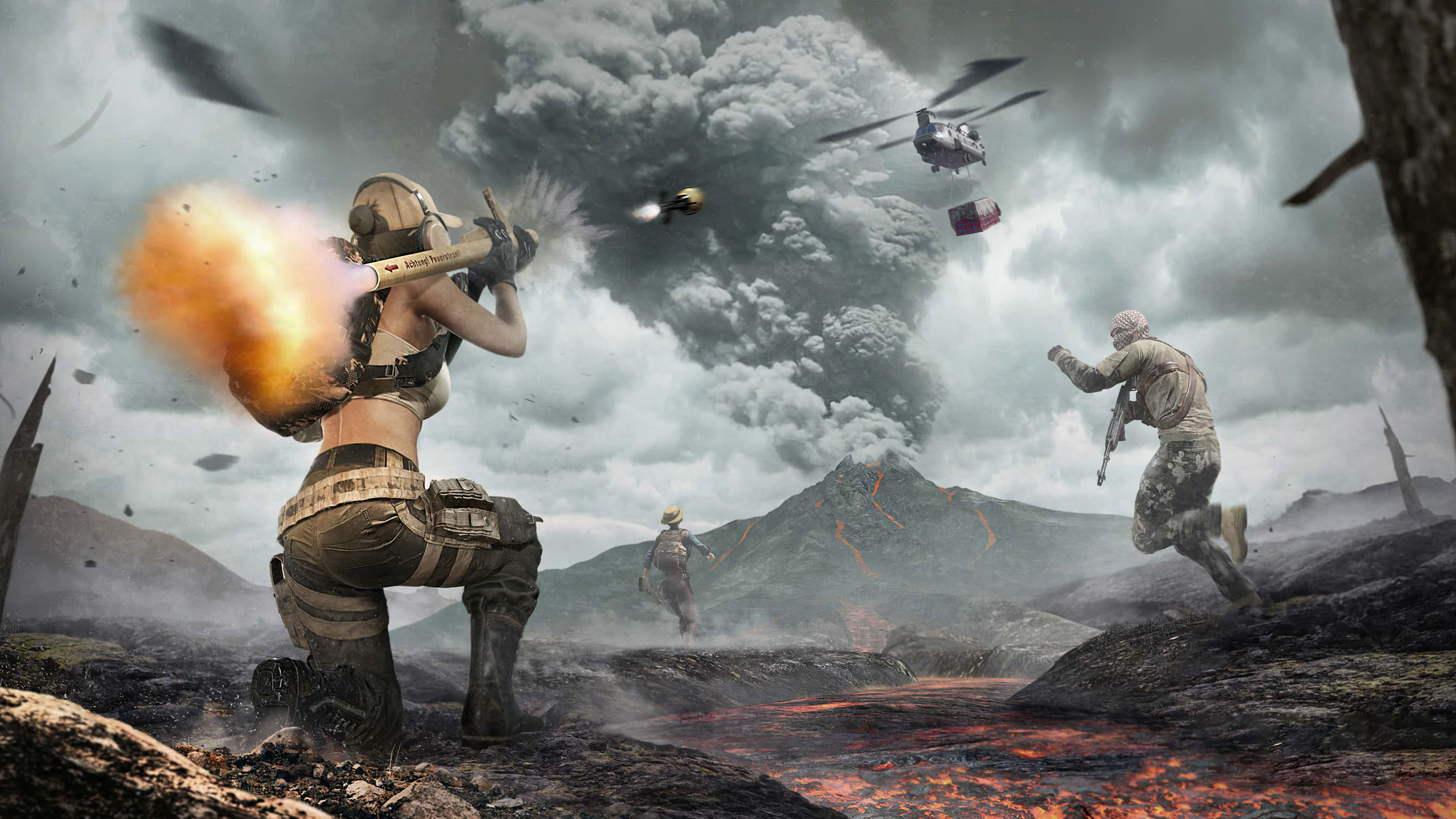 Open-World Games, volcanic lava flows, helicopters, 4K Desktop Wallpaper