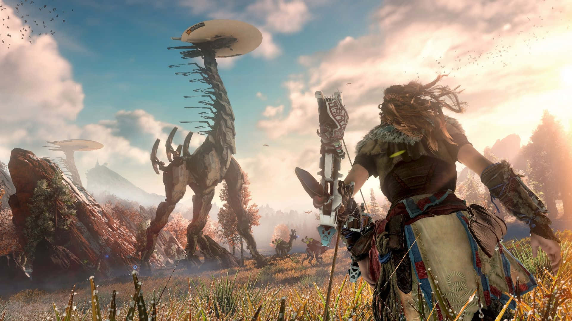 warrior, bow and arrow, giant mechanical creature, Full HD Desktop Wallpaper