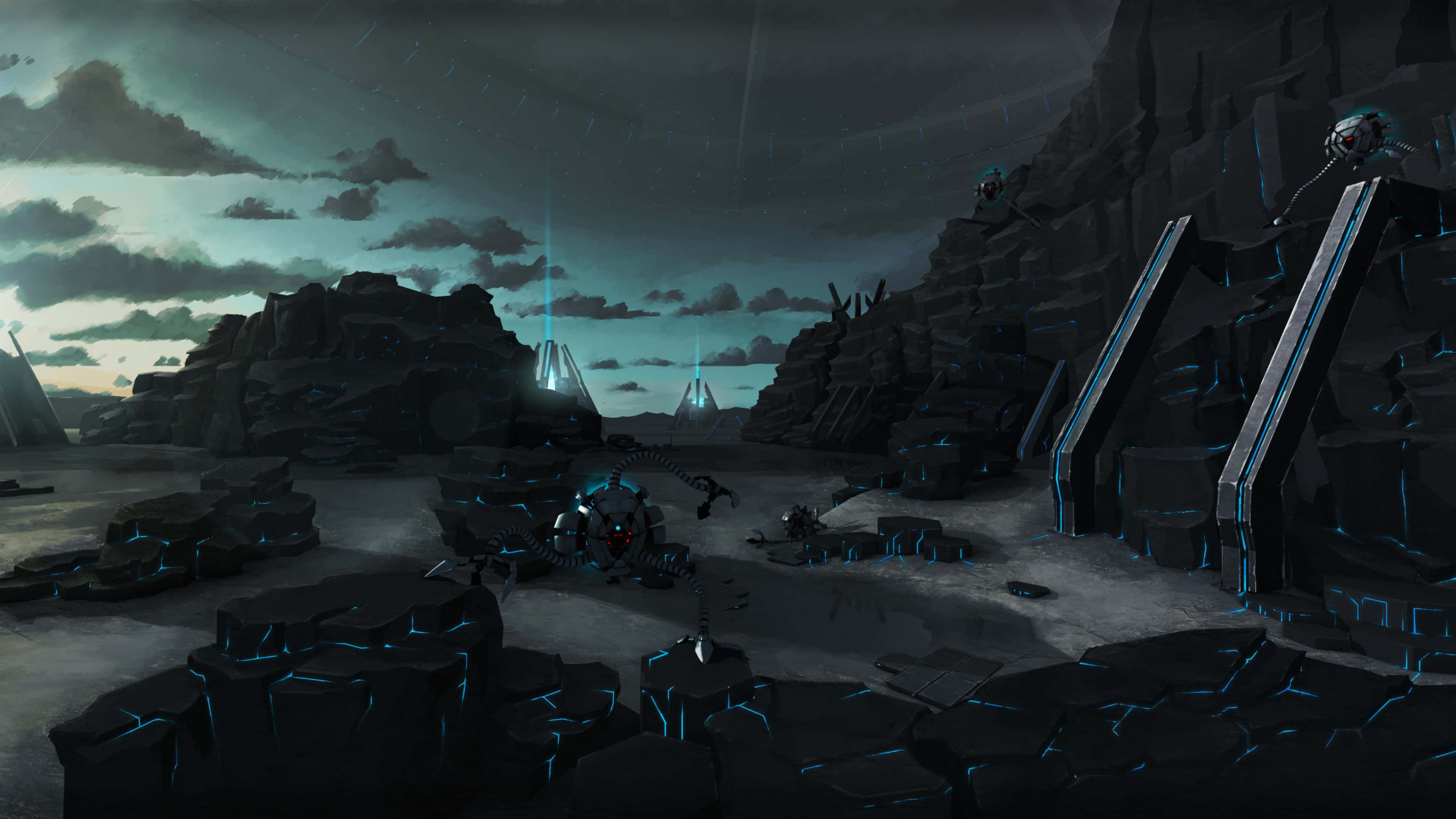 open-world games, glowing blue energy lines, jagged rocks, 4K Desktop Wallpaper