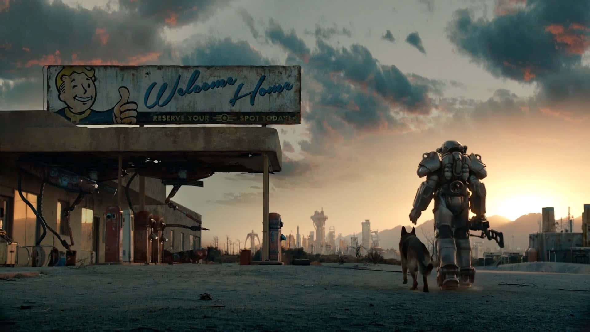 rusted gas station, fiery sunset sky, faded 'Welcome Home' sign, Full HD Desktop Wallpaper