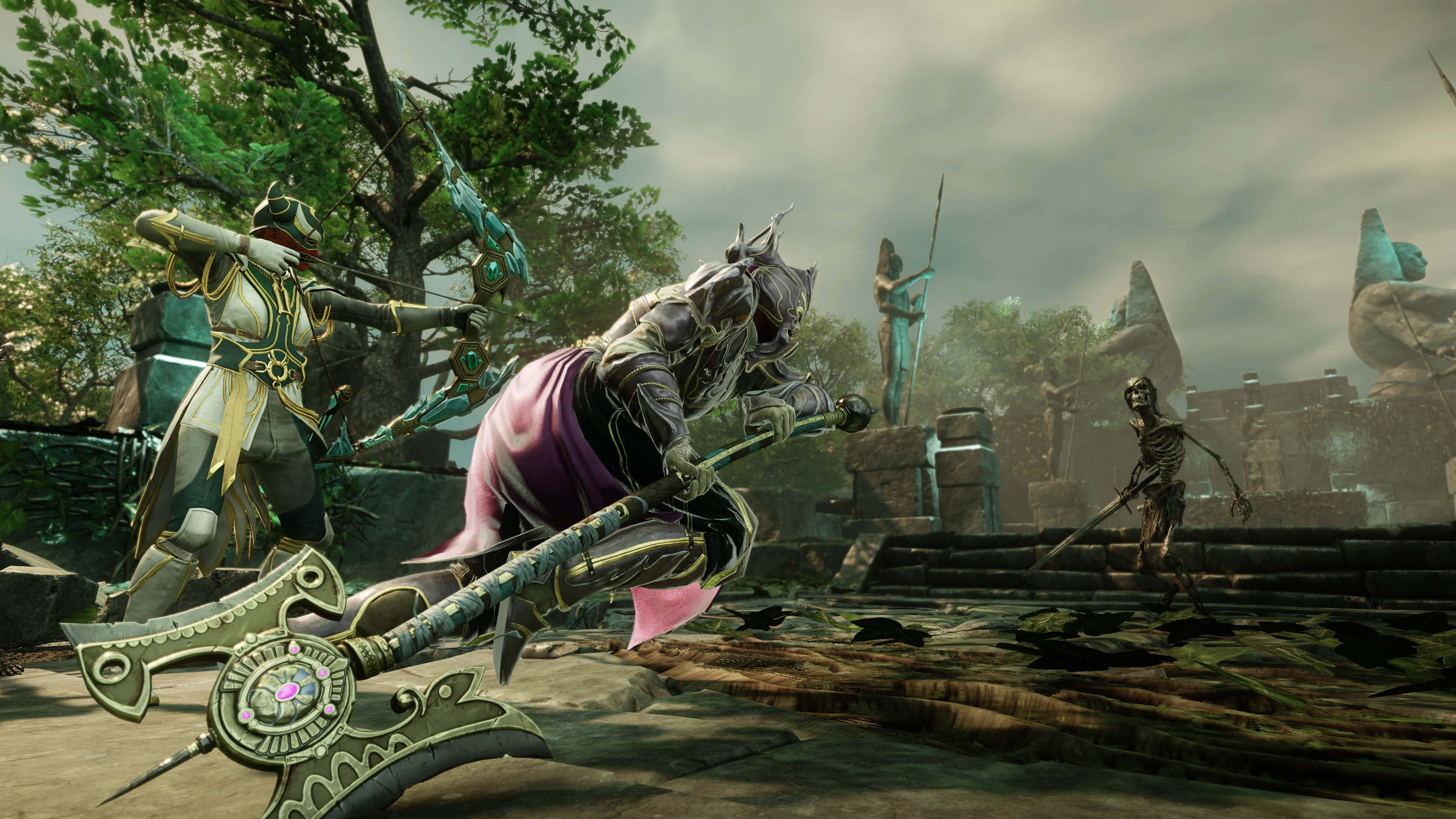 New World, mossy ruin, skeletal foes, 4K Desktop Wallpaper