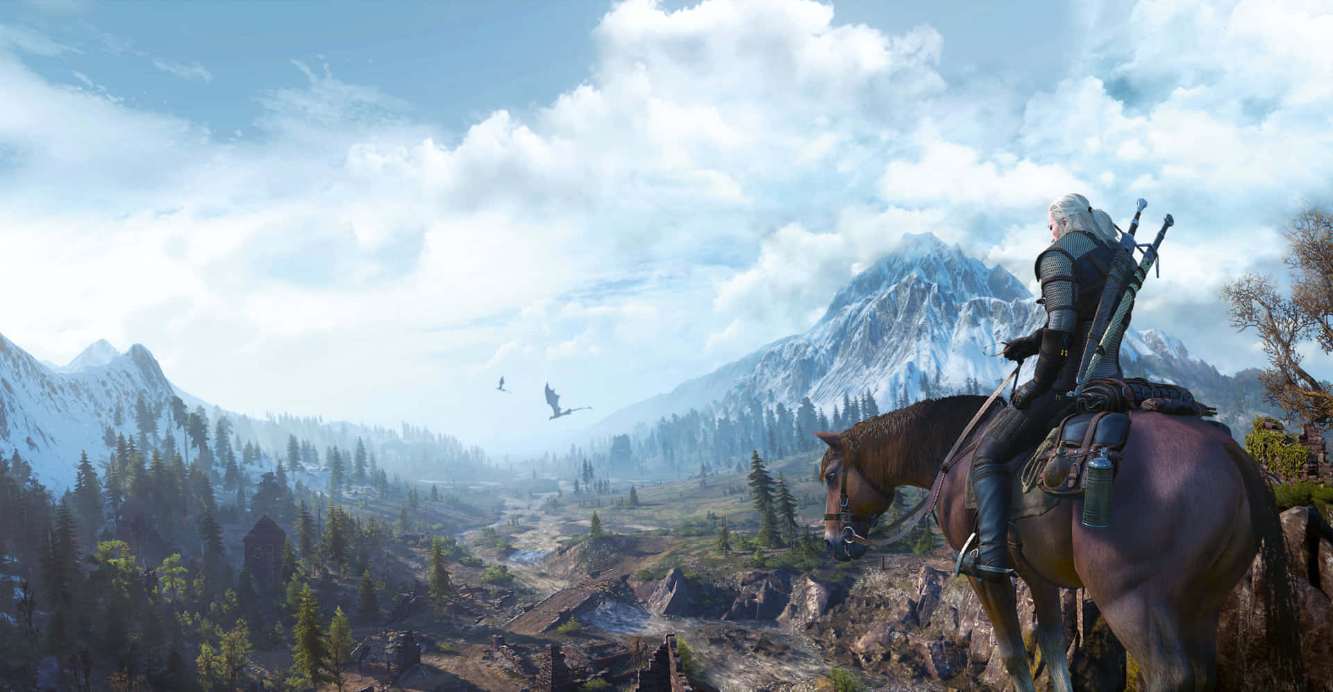 open-world game, sunset, snowy mountain valley, Full HD Desktop Wallpaper
