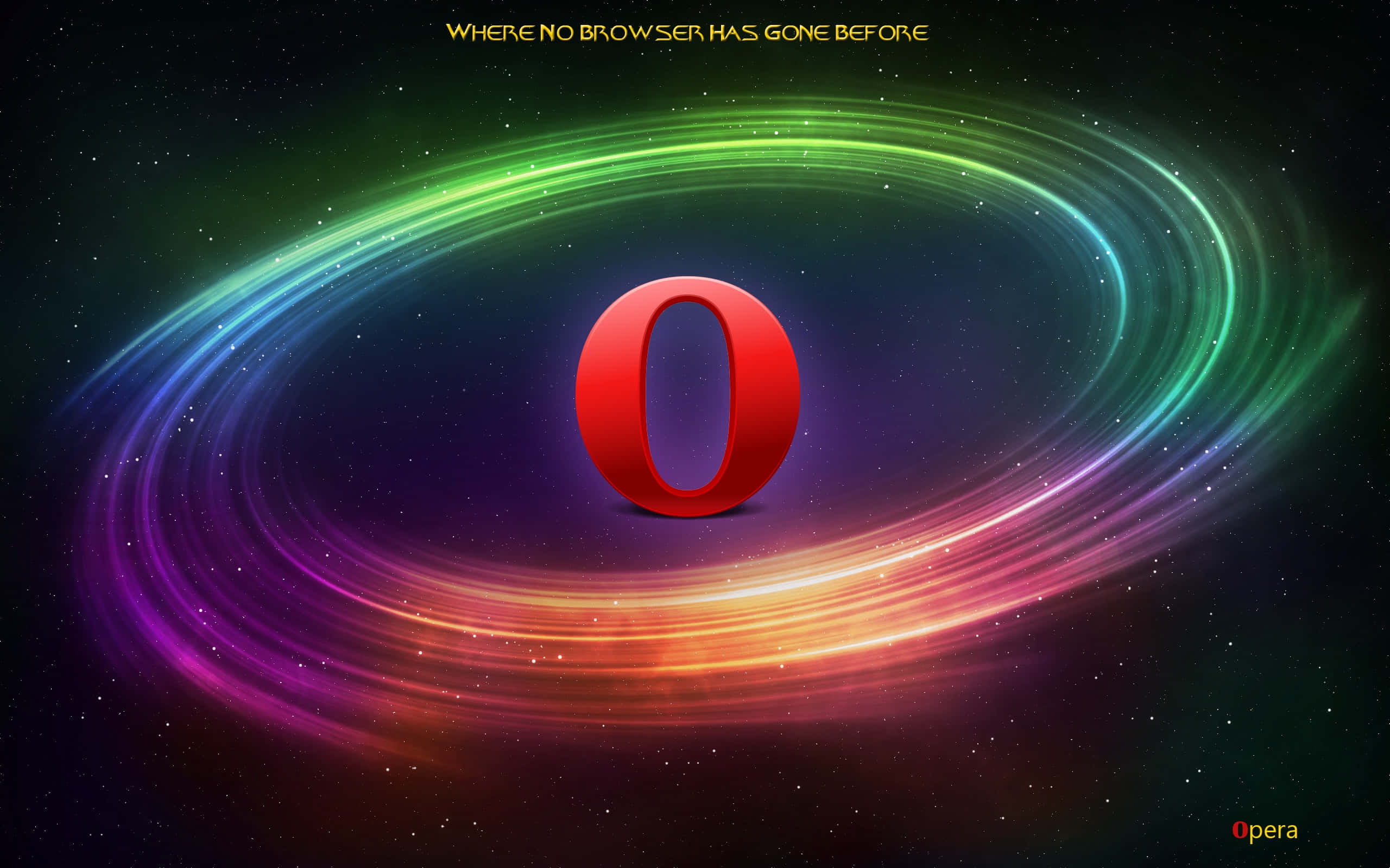Opera GX, glowing red Opera logo, cosmic swirl of rainbow light, 2K Desktop Wallpaper