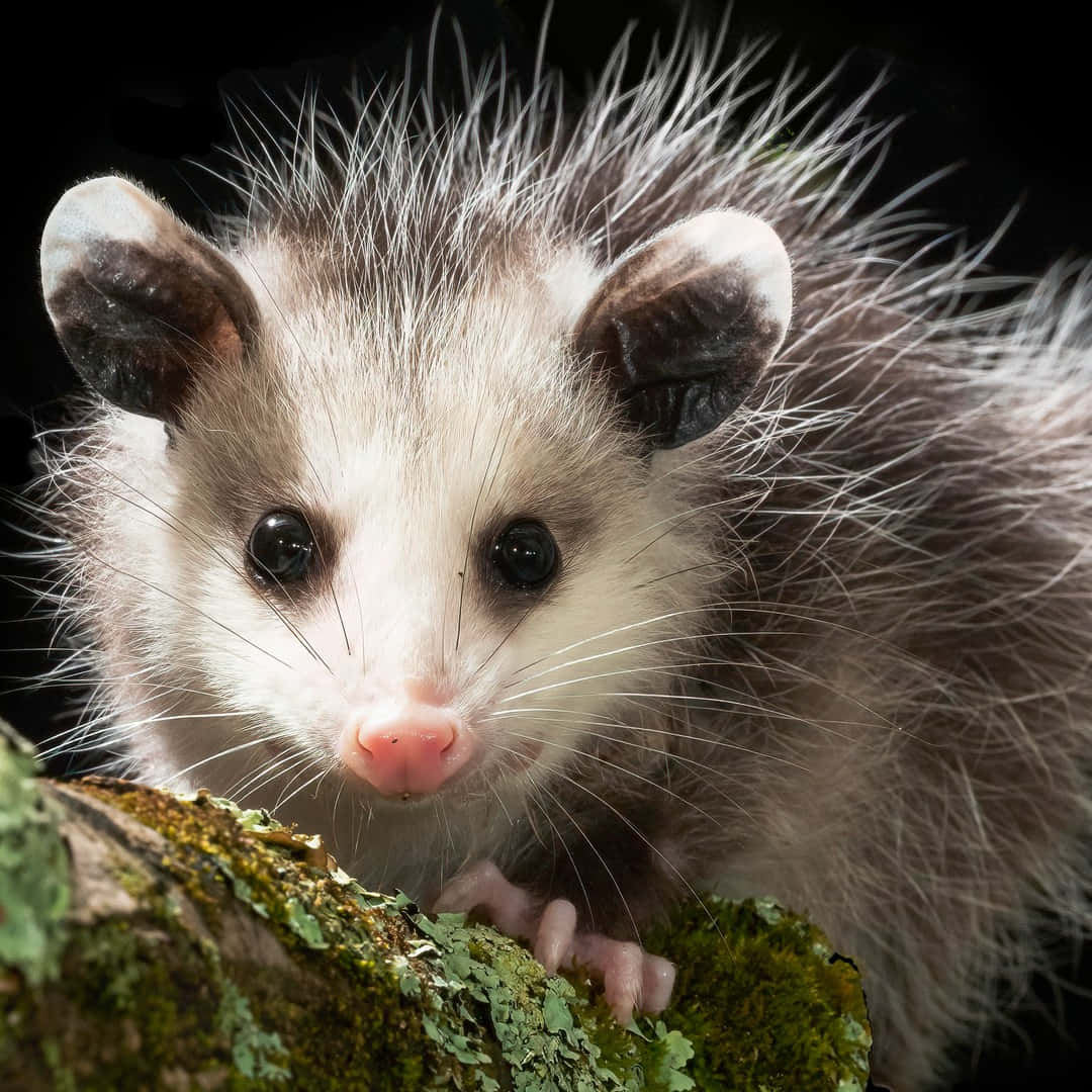 opossum, fluffy gray and white fur, mossy log, SD Desktop Wallpaper