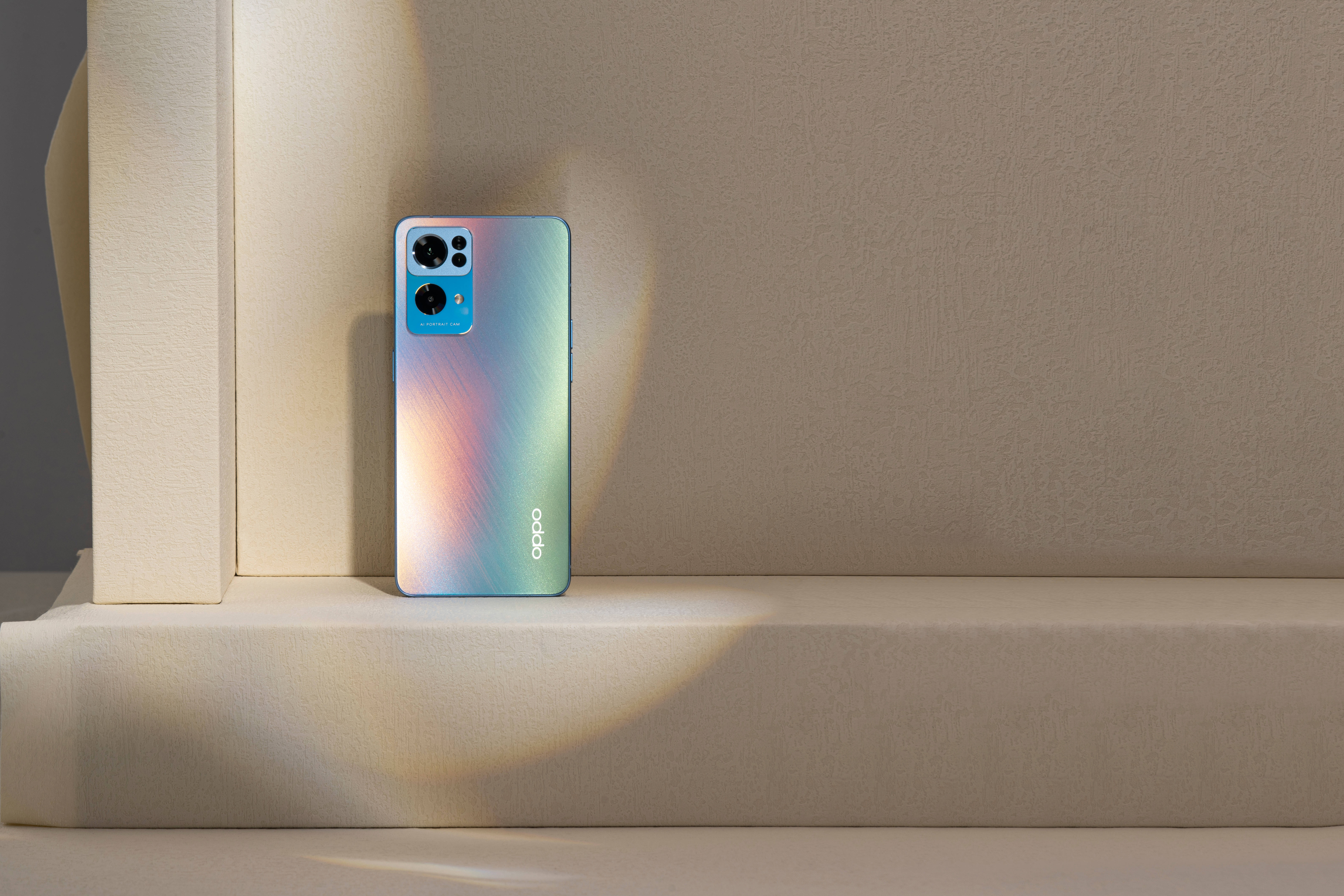 Oppo, iridescent blue, minimalist beige ledge, 5K Desktop Wallpaper