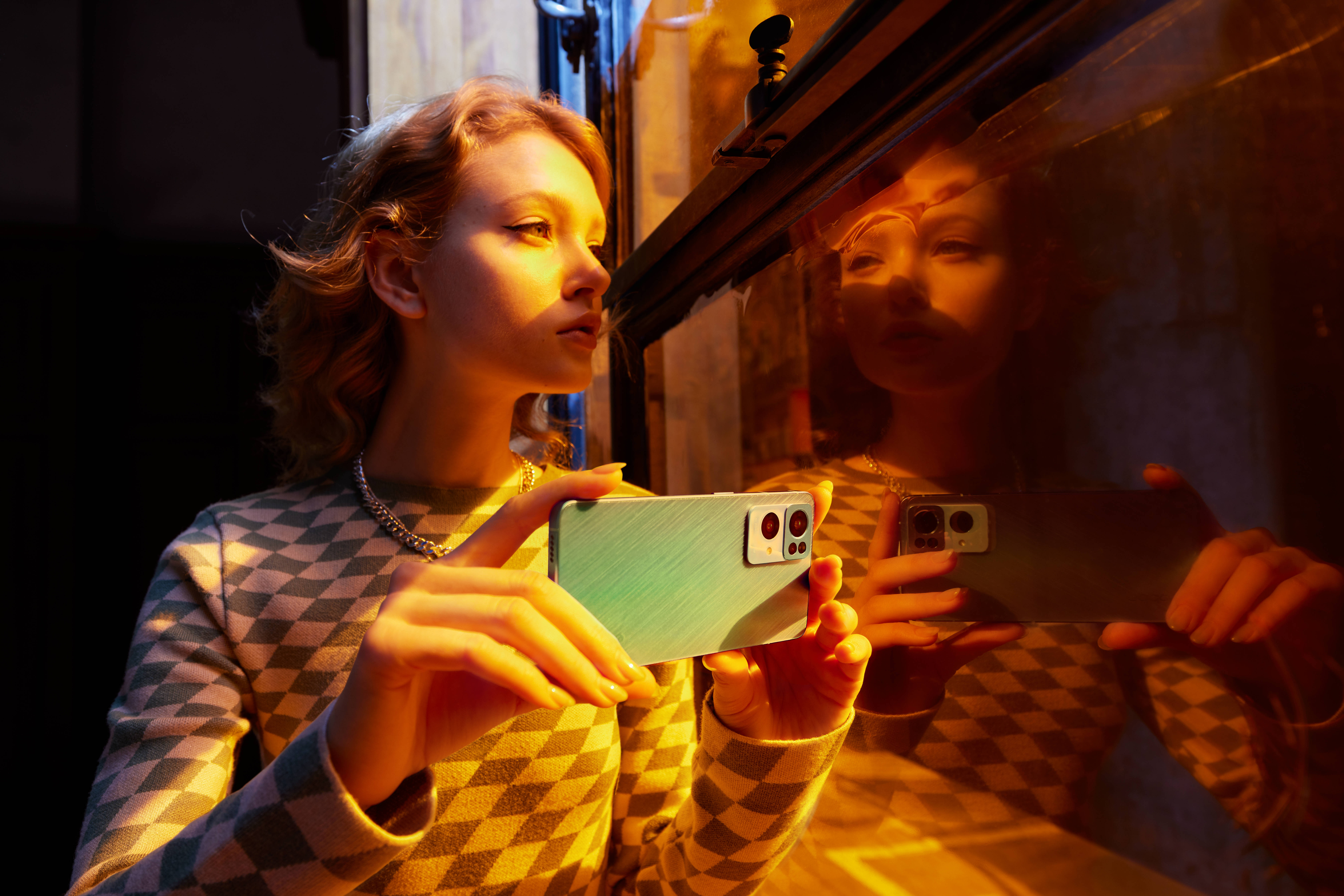 Oppo, glowing phone, checkered sweater, 8K Desktop Wallpaper