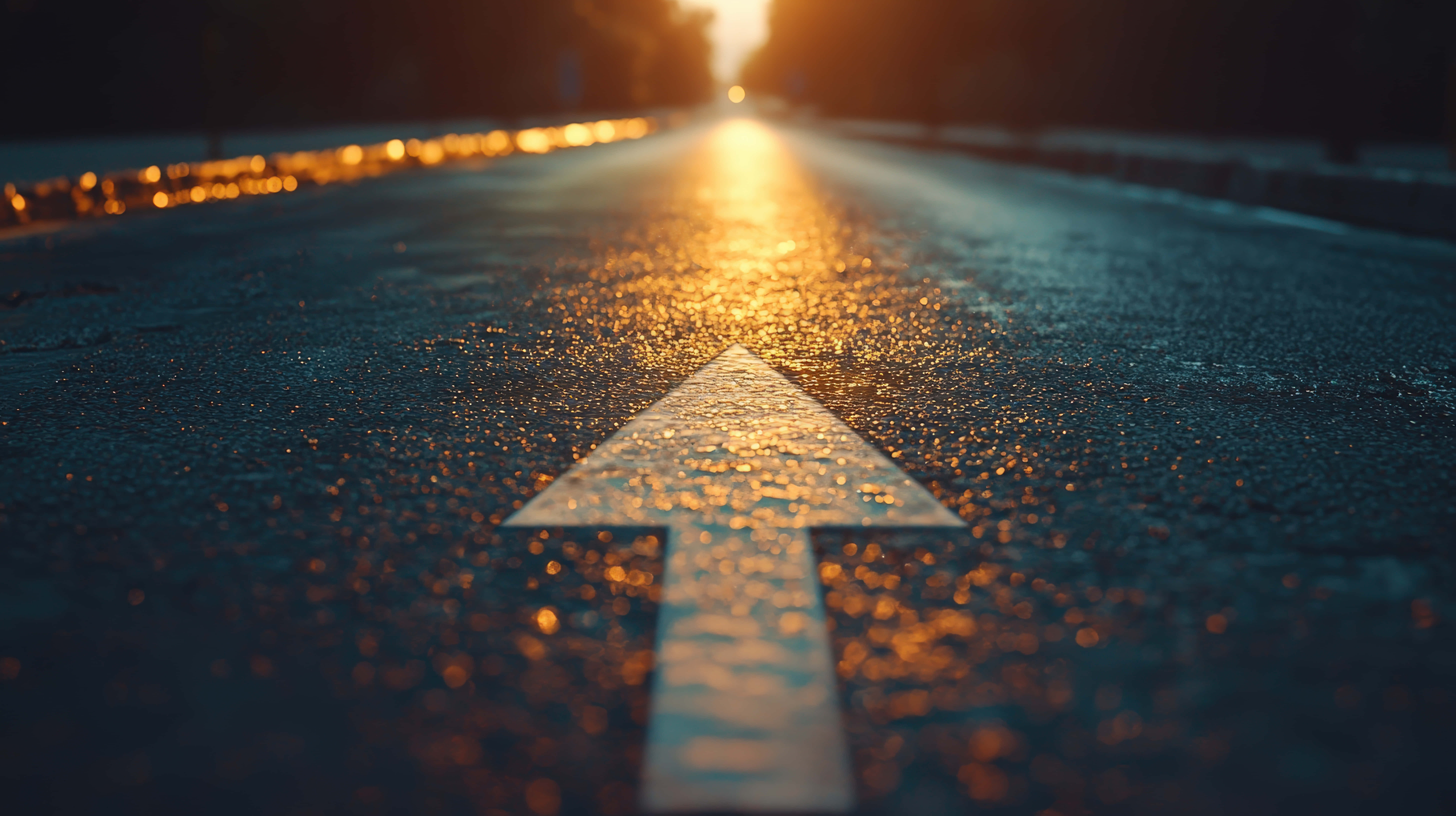 wet asphalt road, glowing sunset, white arrow, 8K Desktop Wallpaper