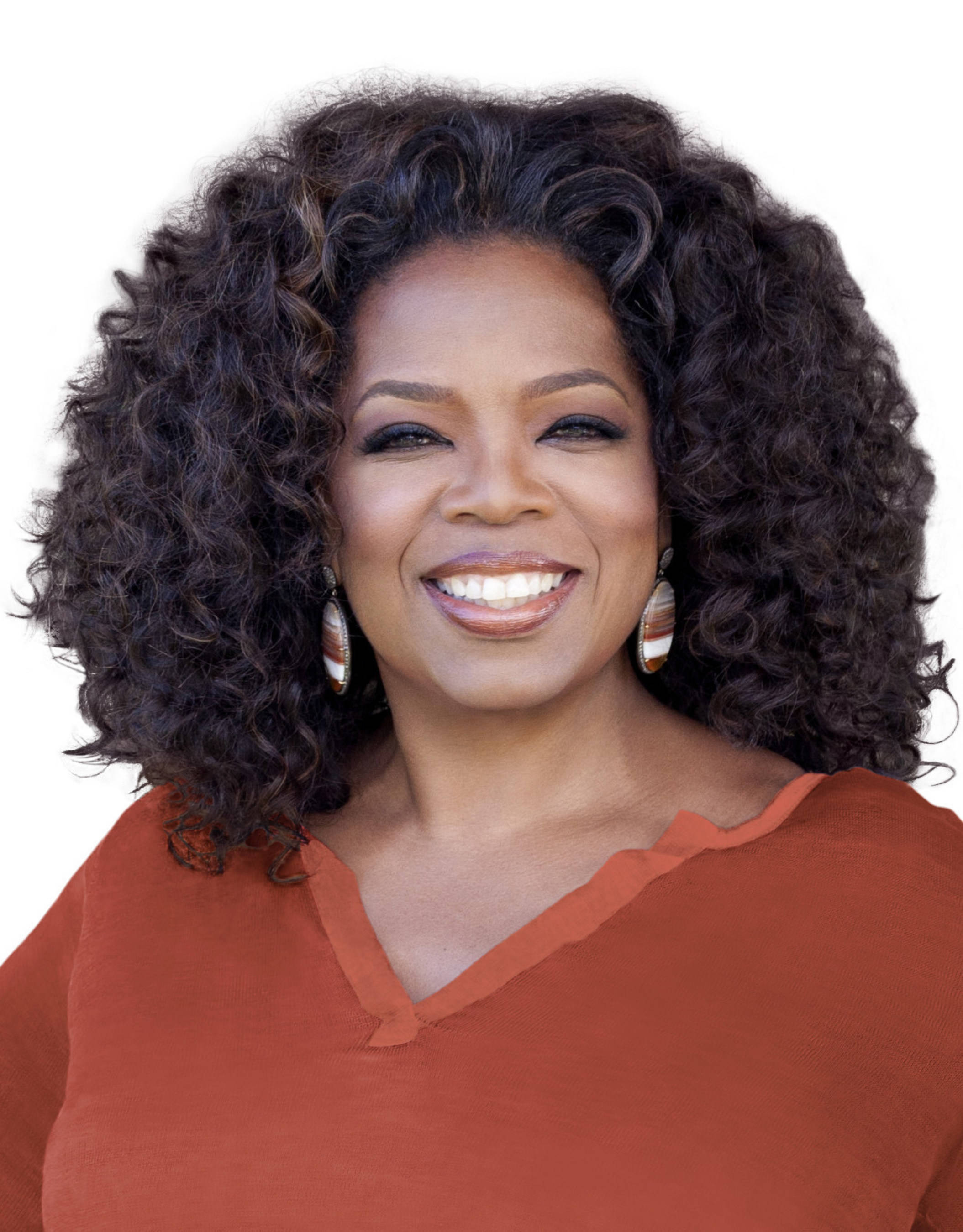 Oprah Winfrey, voluminous dark curls, rust-colored top, 2K Phone Wallpaper