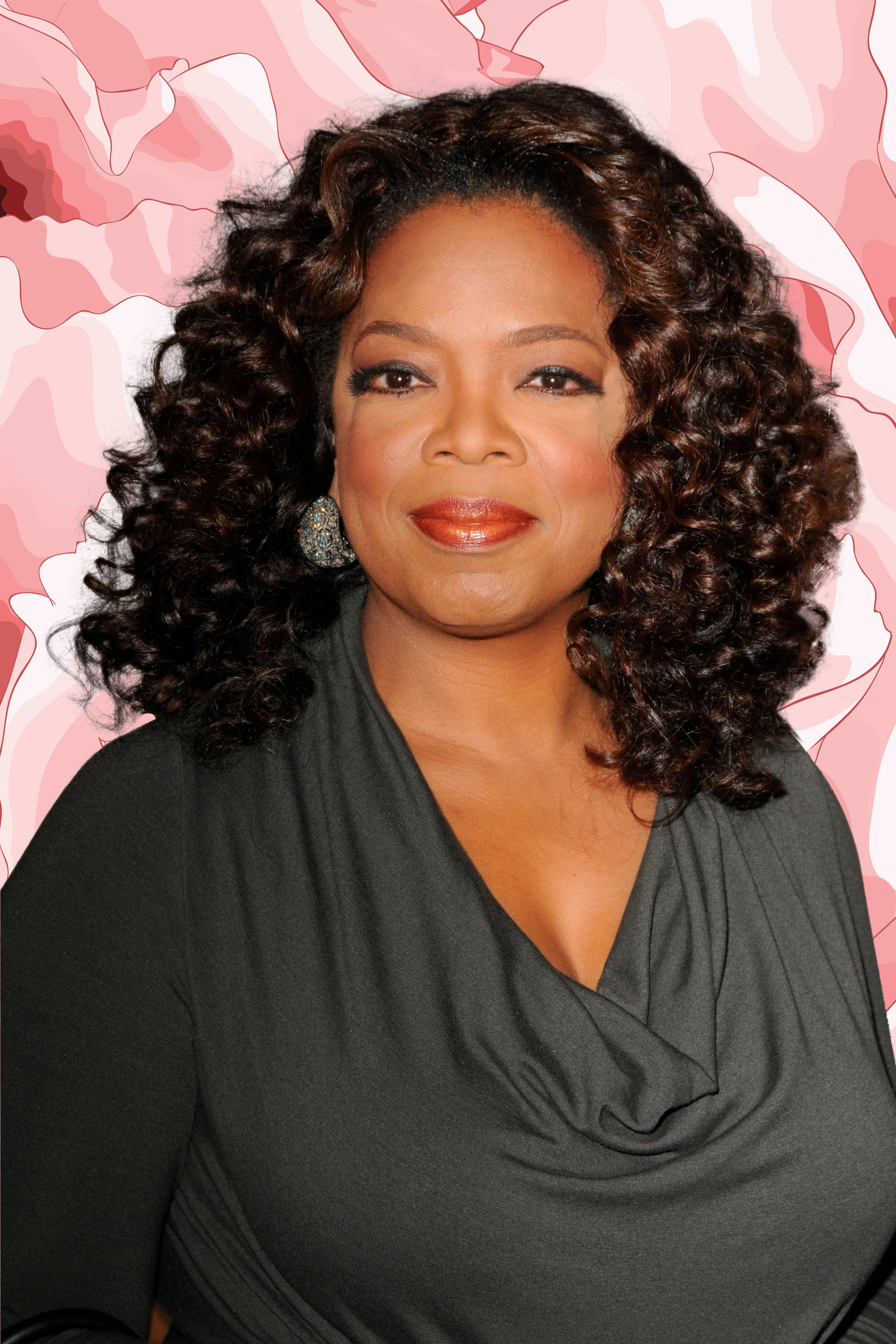 Oprah Winfrey, soft pink abstract background, flowing brushstroke patterns, 4K Phone Wallpaper