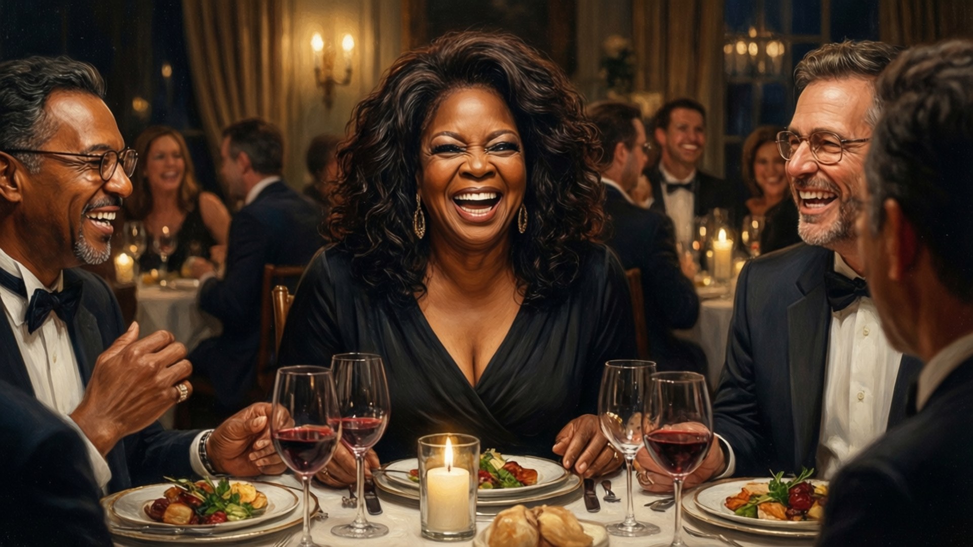 Oprah Winfrey, candlelit formal dinner, guests in tuxedos, Full HD Desktop Wallpaper