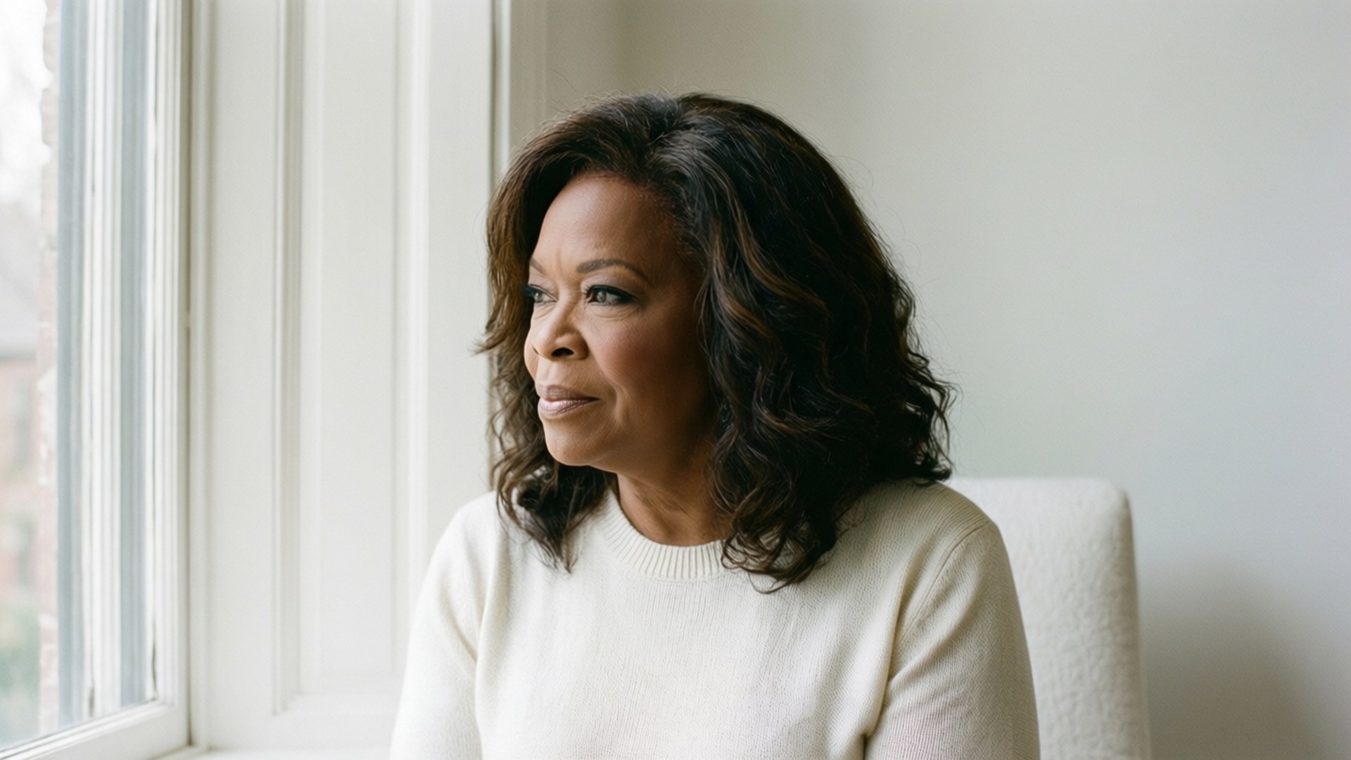 Oprah Winfrey, white chair, bright window, Full HD Desktop Wallpaper