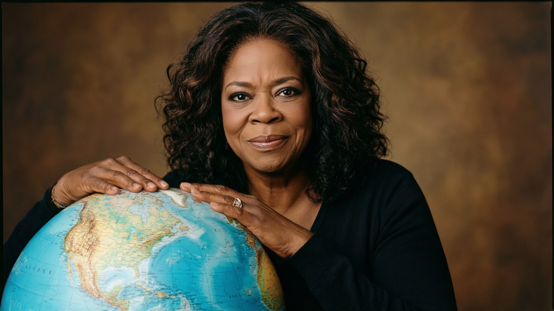 Oprah Winfrey, blue globe, warm brown backdrop, Full HD Desktop Wallpaper