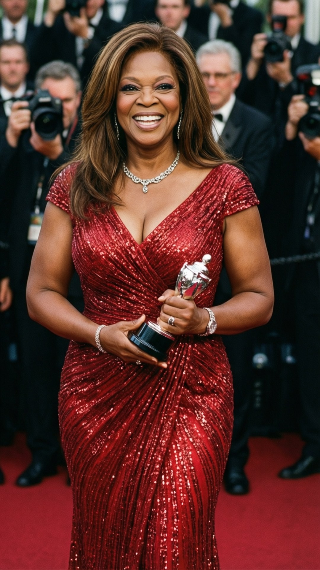 Oprah Winfrey, shimmering red gown, trophy, Full HD Phone Wallpaper
