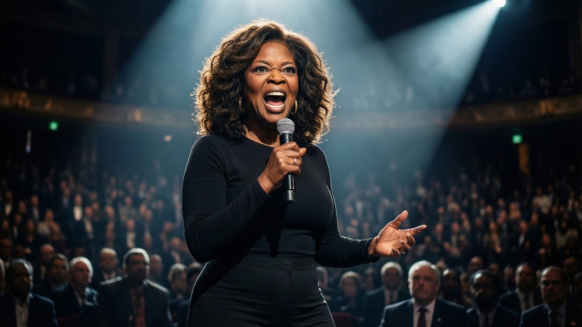 Oprah Winfrey, mic, stage lights, Full HD Desktop Wallpaper
