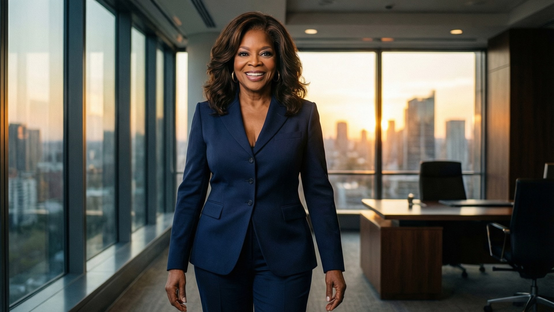 Oprah Winfrey, navy blue suit, modern office, Full HD Desktop Wallpaper