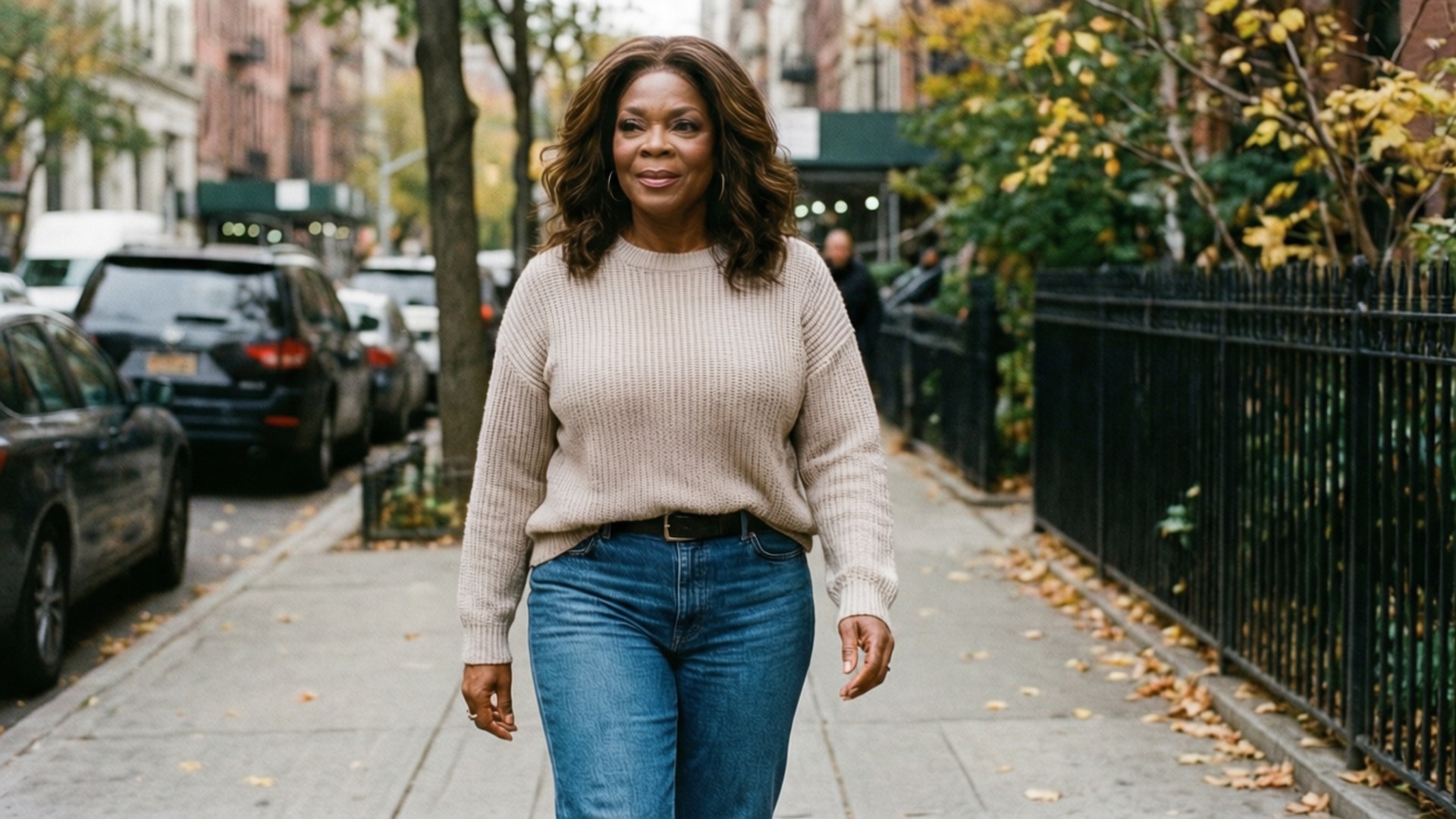 Oprah Winfrey, tree-lined city sidewalk, autumn, Full HD Desktop Wallpaper