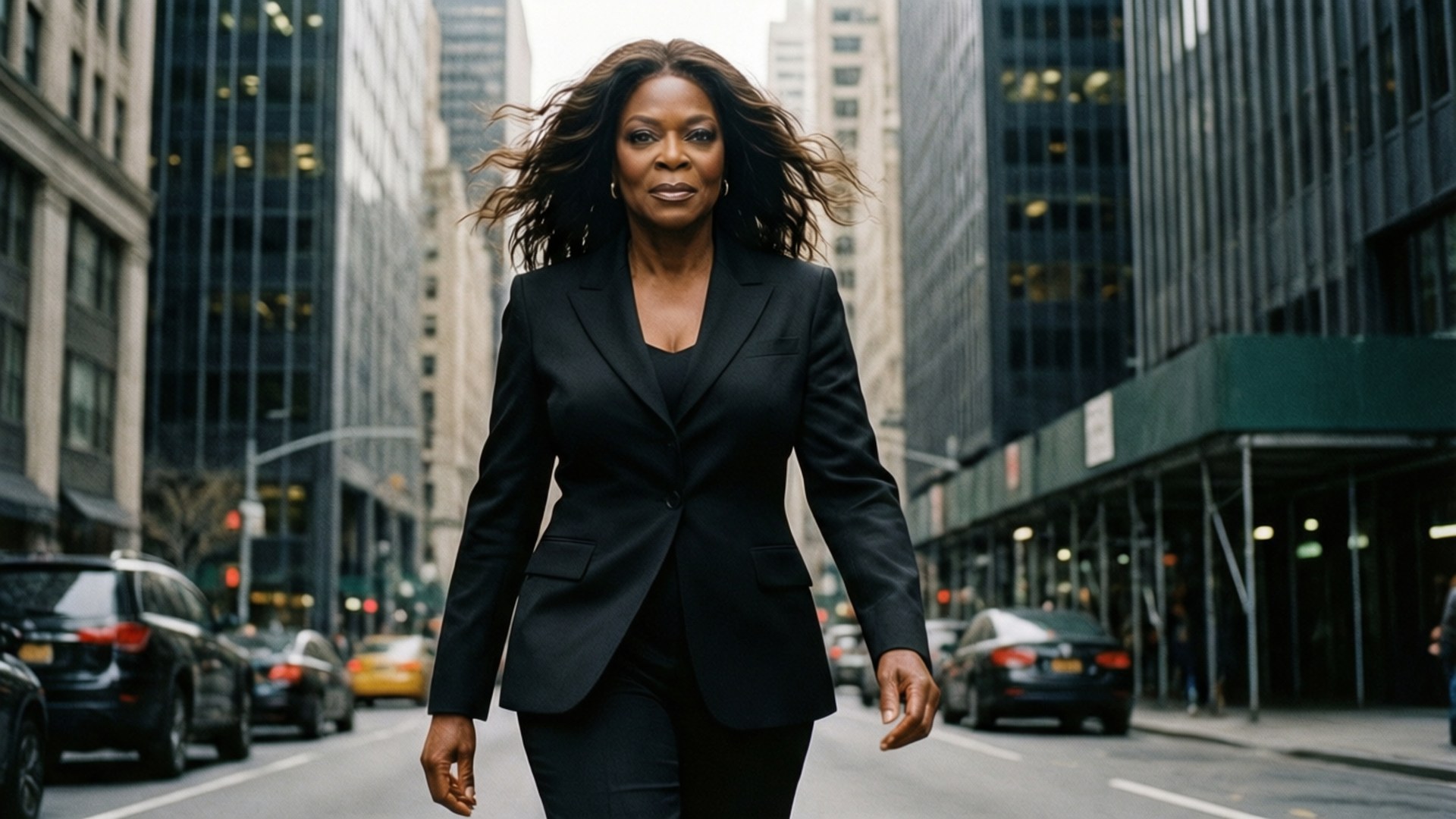 Oprah Winfrey, city street, skyscrapers, Full HD Desktop Wallpaper