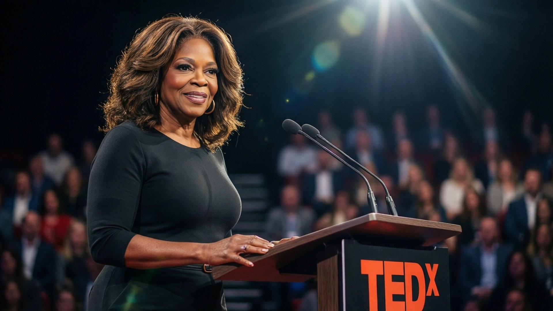 Oprah Winfrey, wooden TEDx podium, bright stage lights, Full HD Desktop Wallpaper