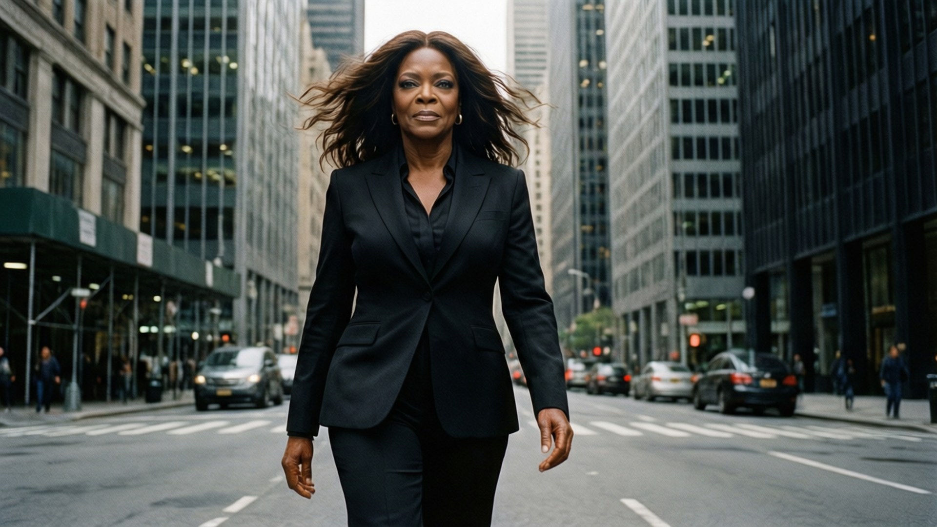 Oprah Winfrey, city street, skyscrapers, Full HD Desktop Wallpaper