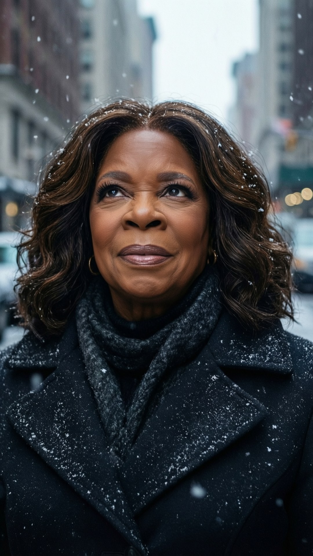 Oprah Winfrey, snowy city street, dark coat, Full HD Phone Wallpaper