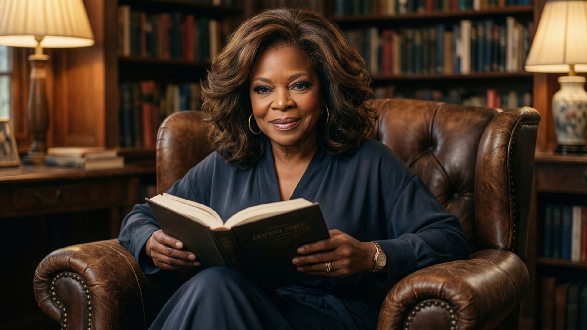 Oprah Winfrey, leather armchair, cozy library, Full HD Desktop Wallpaper