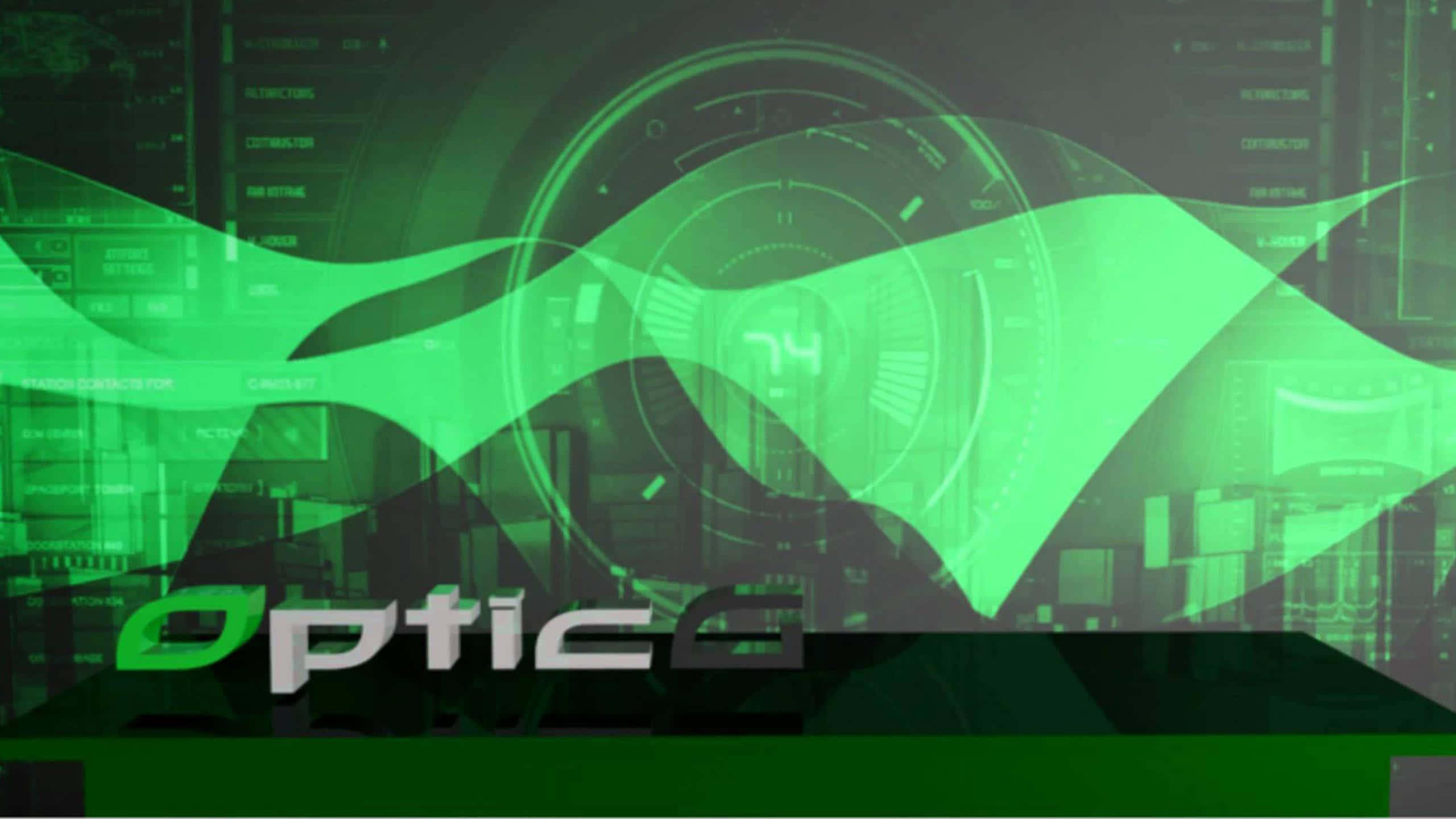 Optic Gaming, futuristic green digital interface, glowing waveforms, 2K Desktop Wallpaper