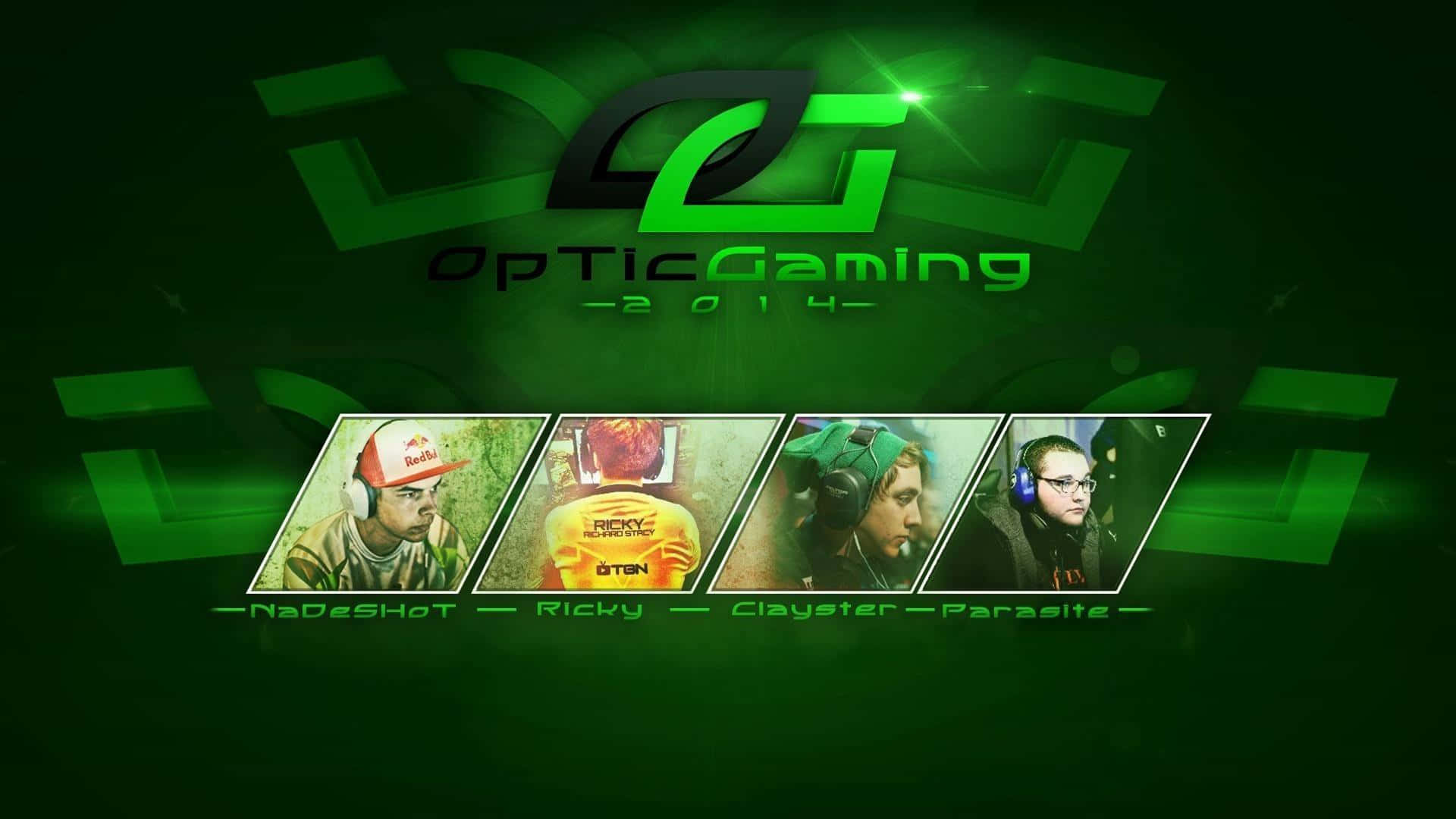 Optic Gaming 2014, glowing green Optic Gaming 2014 logo, dark green geometric background, Full HD Desktop Wallpaper