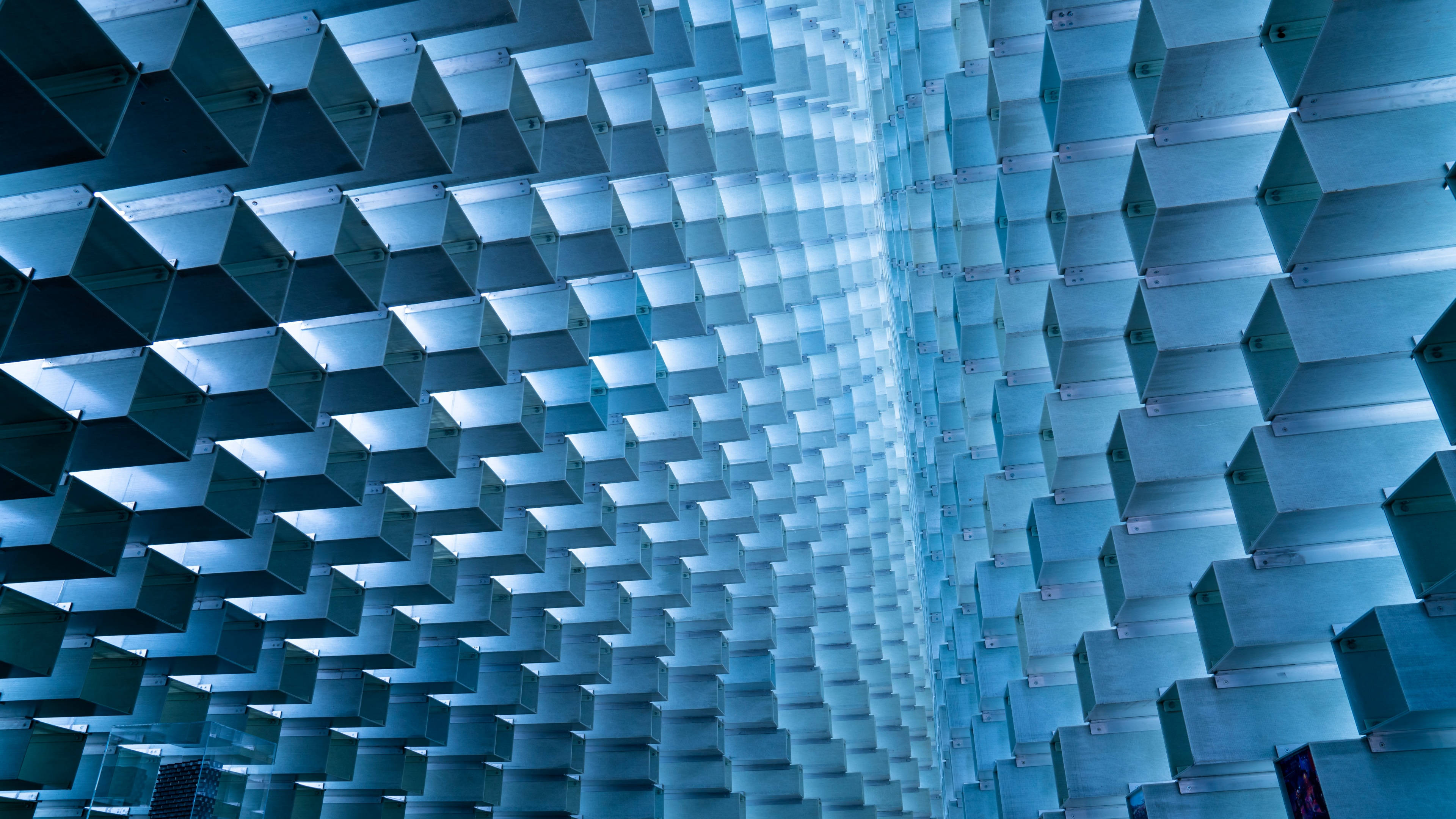 4D UItra HD, Optical Illusion, futuristic blue geometric ceiling, 4K Desktop Wallpaper