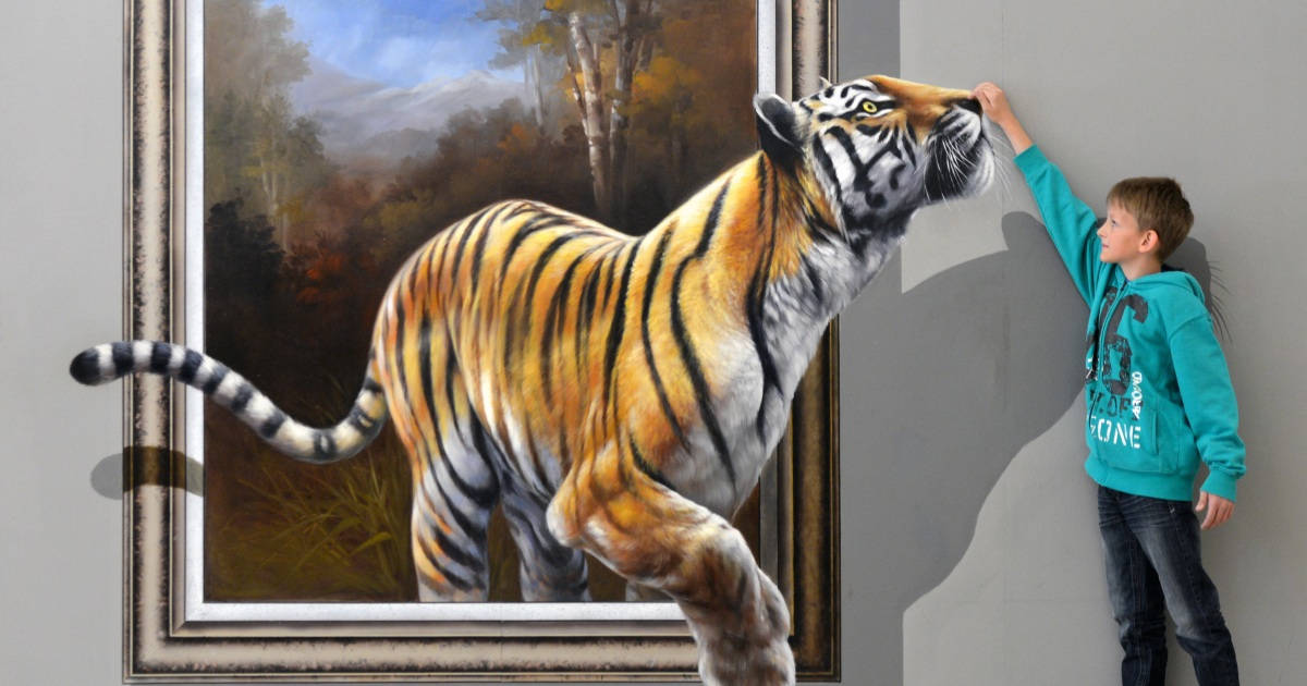teal hoodie, 3D illusion tiger, framed painting, SD Desktop Wallpaper