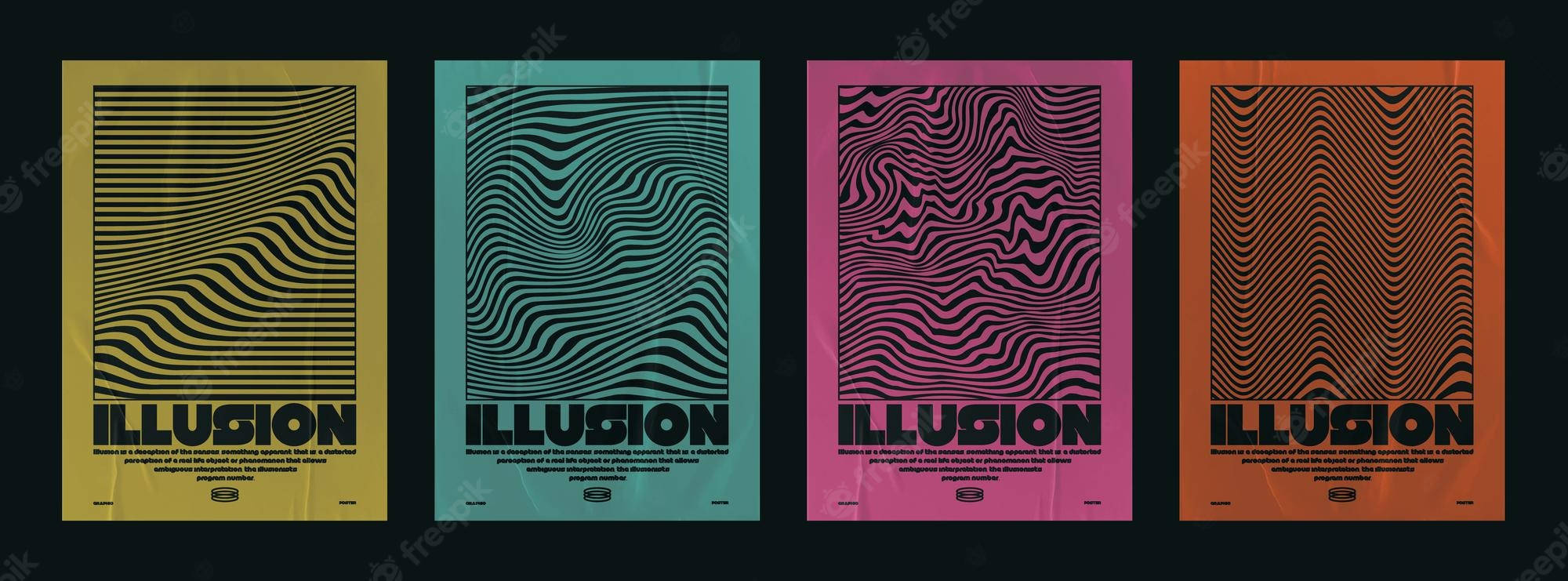 four ambiguous optical illusion posters, vibrant posters, wavy black lines, Full HD Desktop Wallpaper