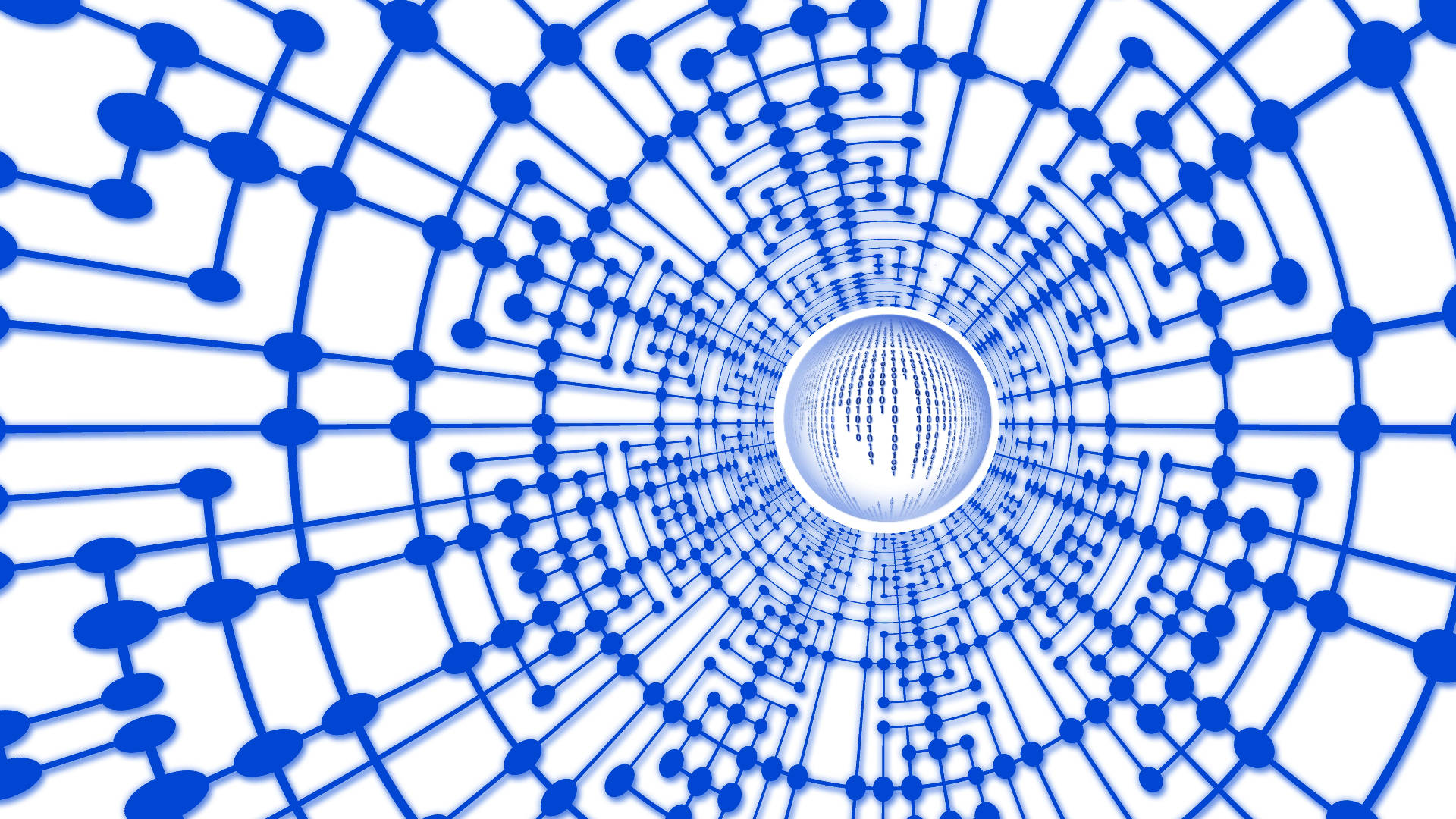 blue digital tunnel, glowing sphere, binary code, Full HD Desktop Wallpaper