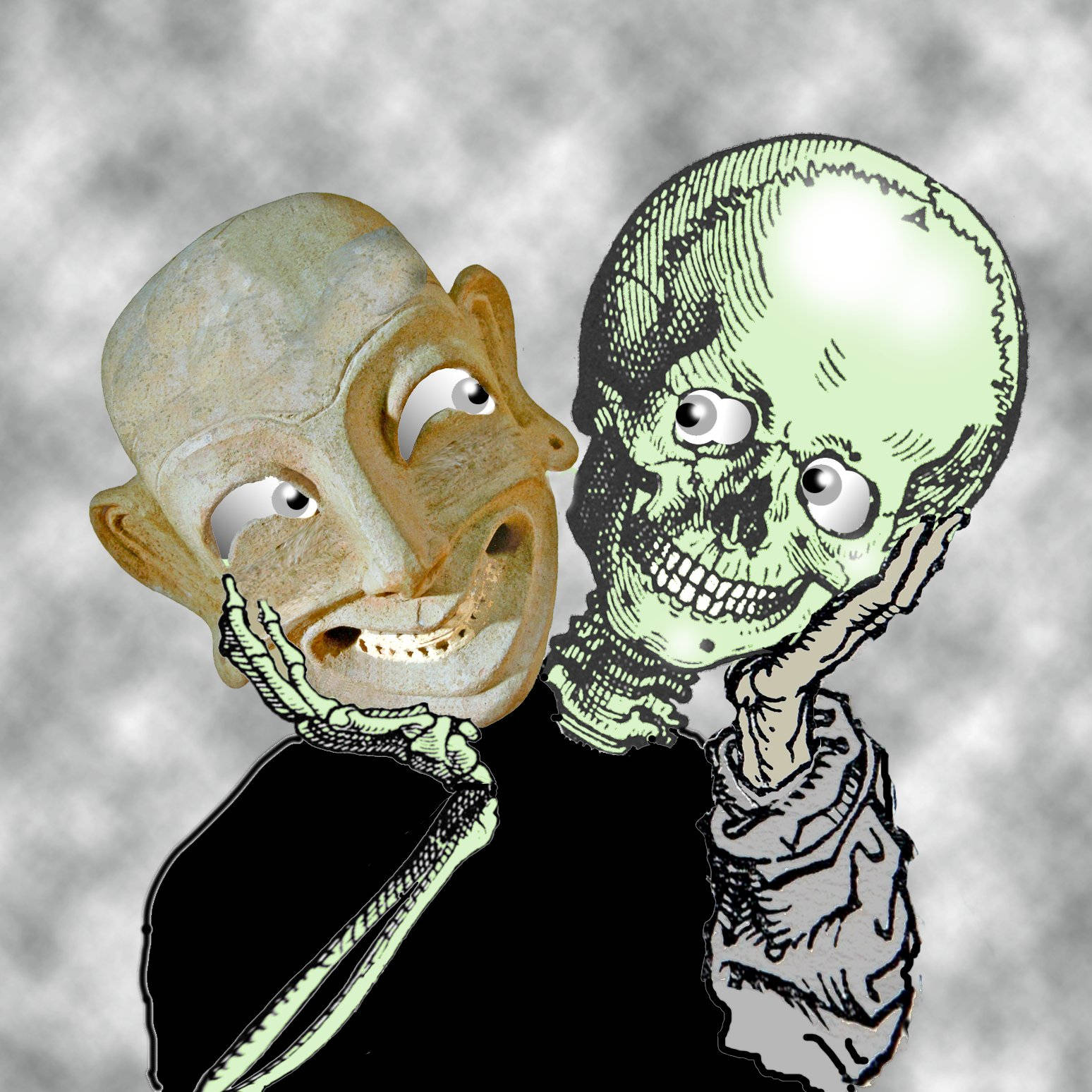 textured skull-faced man, cartoonish green skeleton, two heads, HD Desktop Wallpaper