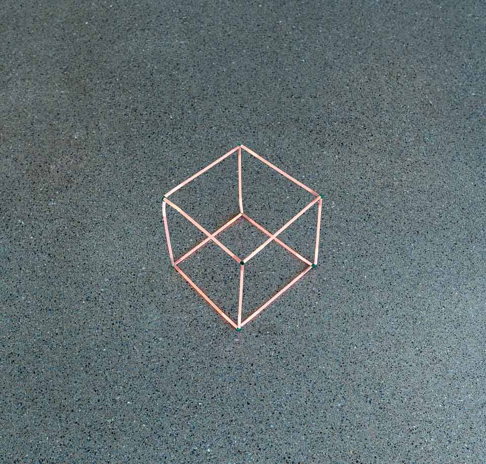 copper wire, geometric cube frame, textured gray asphalt surface, SD Desktop Wallpaper