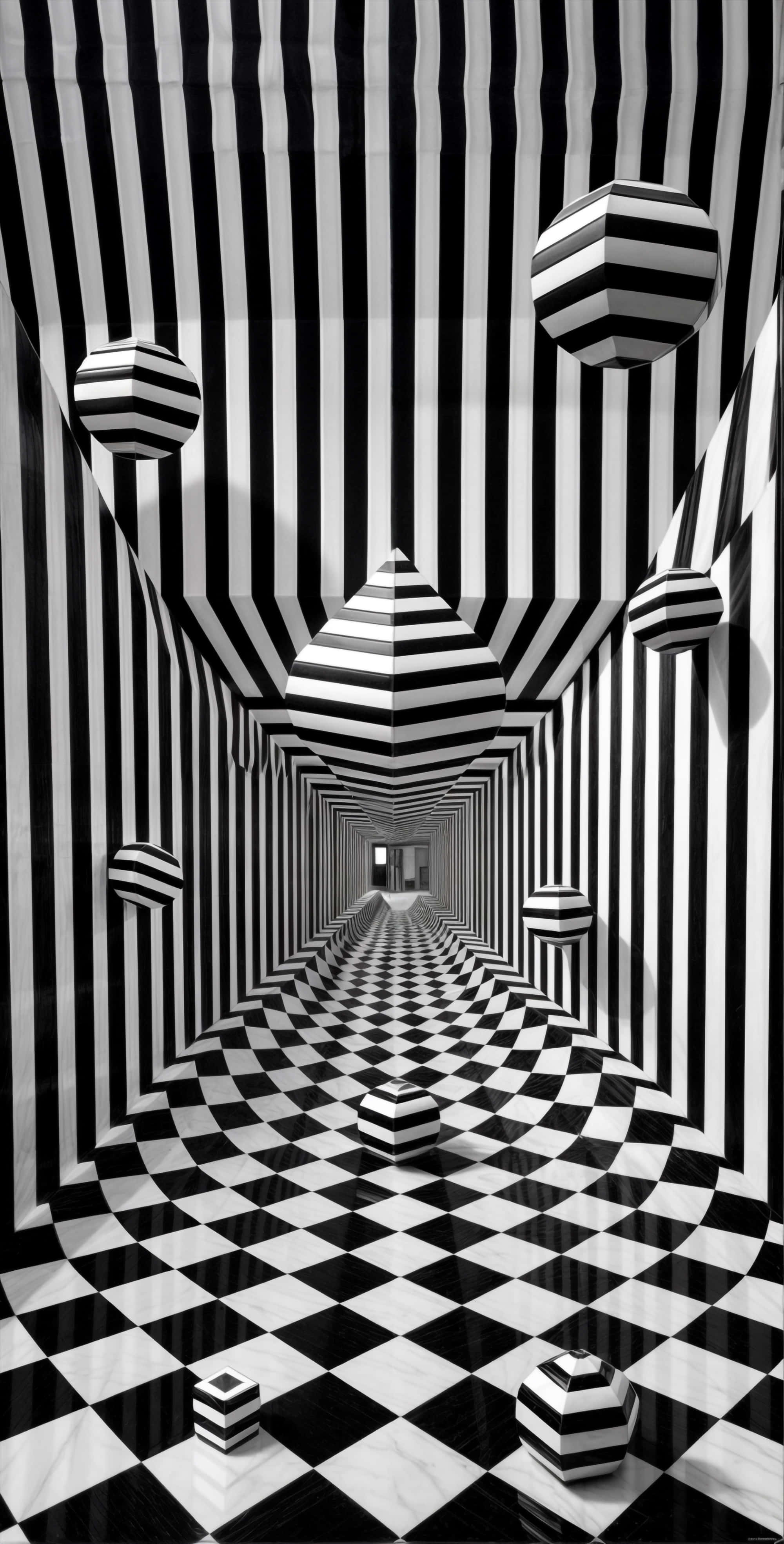 optical illusion, floating striped spheres, checkered floor, 4K Phone Wallpaper