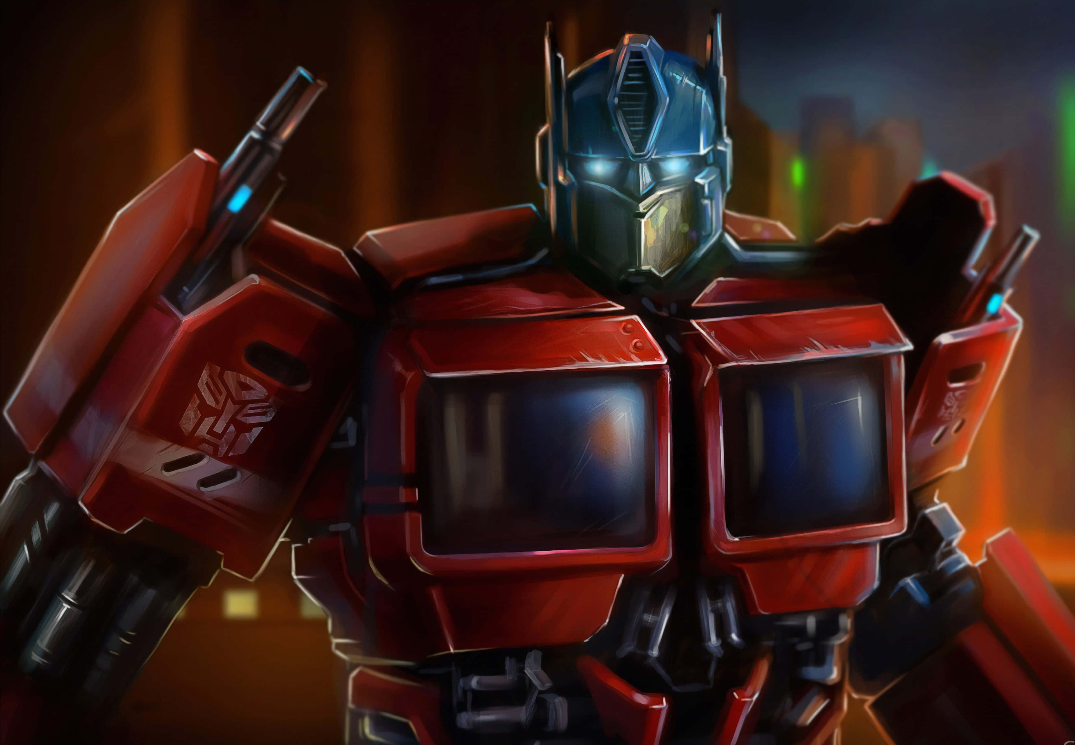 Optimus Prime, red and blue, glowing eyes, 2K Desktop Wallpaper