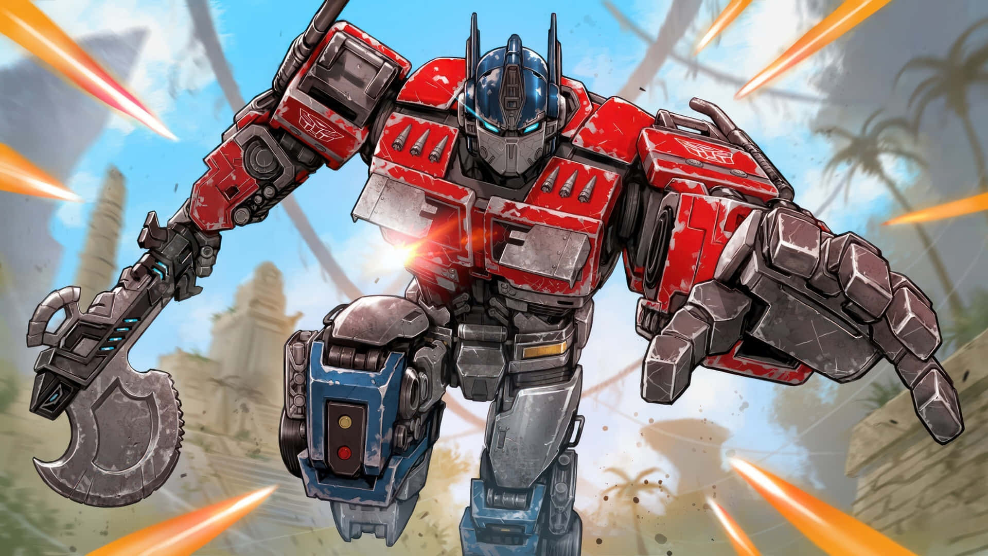 Optimus Prime, red and blue robot warrior, glowing eyes, Full HD Desktop Wallpaper