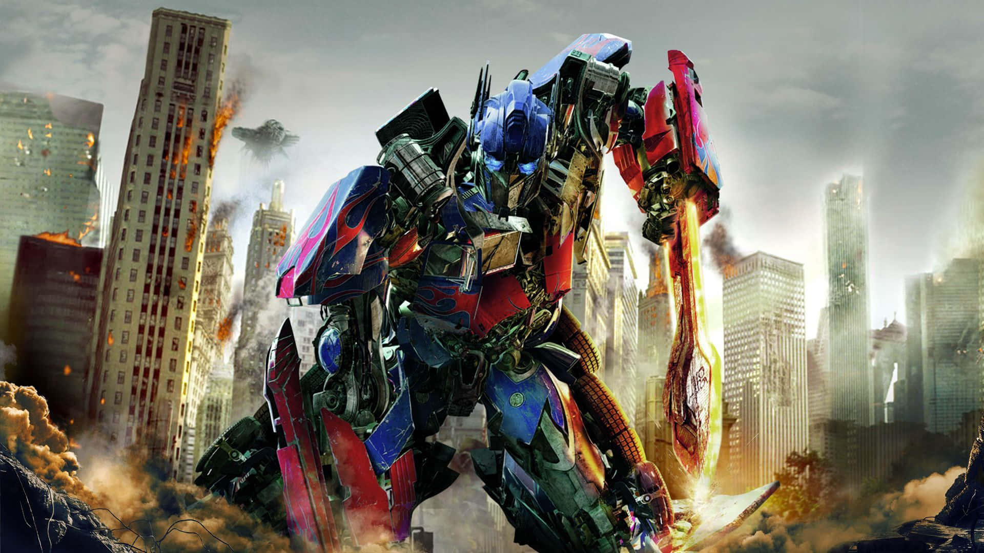 Optimus Prime, burning cityscape, skyscrapers collapse, Full HD Desktop Wallpaper