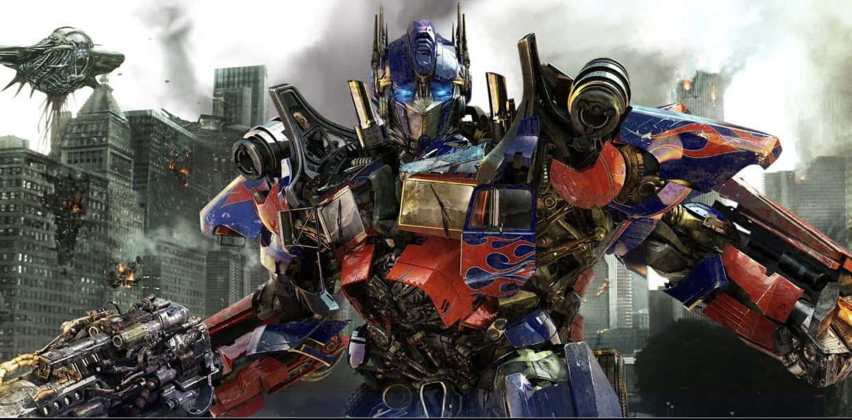 Optimus Prime, war-torn cityscape, smoke, SD Desktop Wallpaper