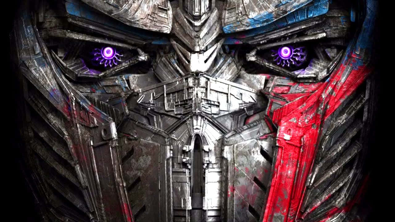 Optimus Prime, glowing purple eyes, red paint streaks, HD Desktop Wallpaper